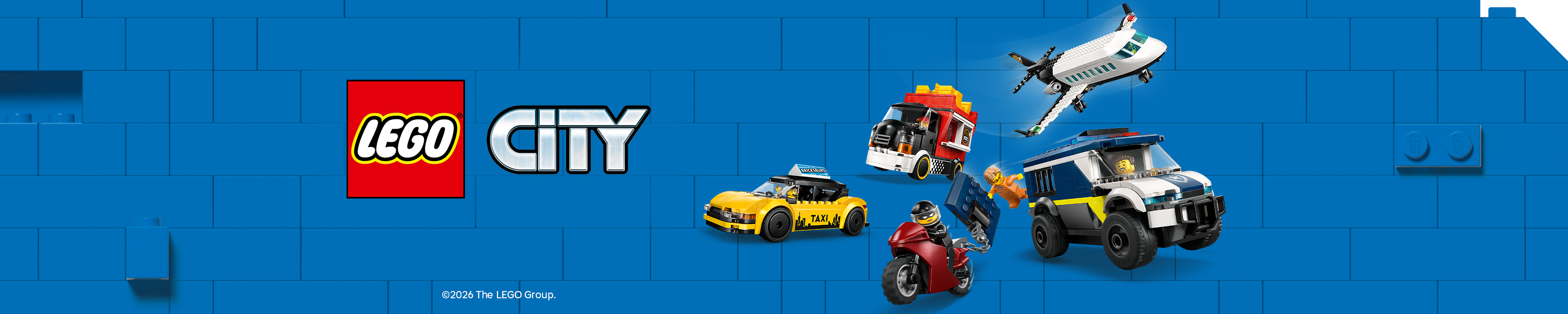 Banner LEGO® City Zwei Lego Figuren auf blauem Hintergrund