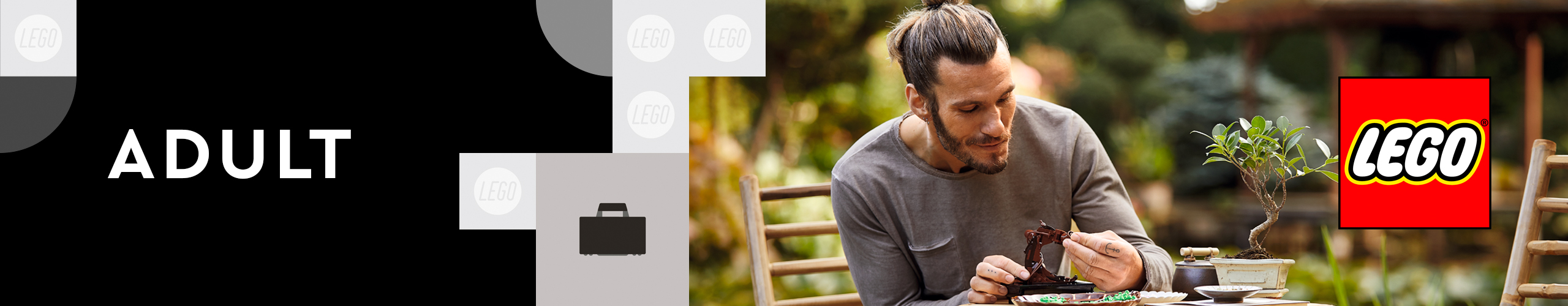 Kategorie Banner für Erwachsene "Adult" Mann baut LEGO Set
