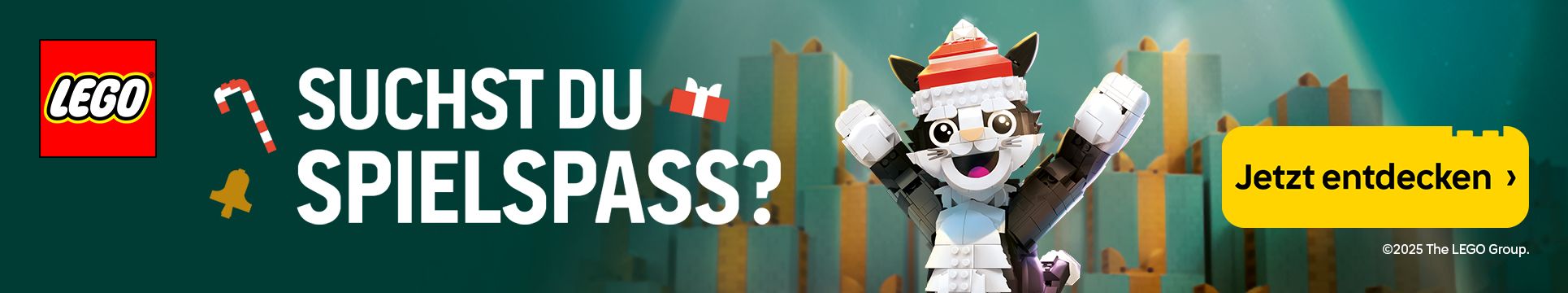 "Suchst Du Spielspass?" Banner mit jubelnder LEGO Katze Cataclaw mit roter Zipfelmütze
