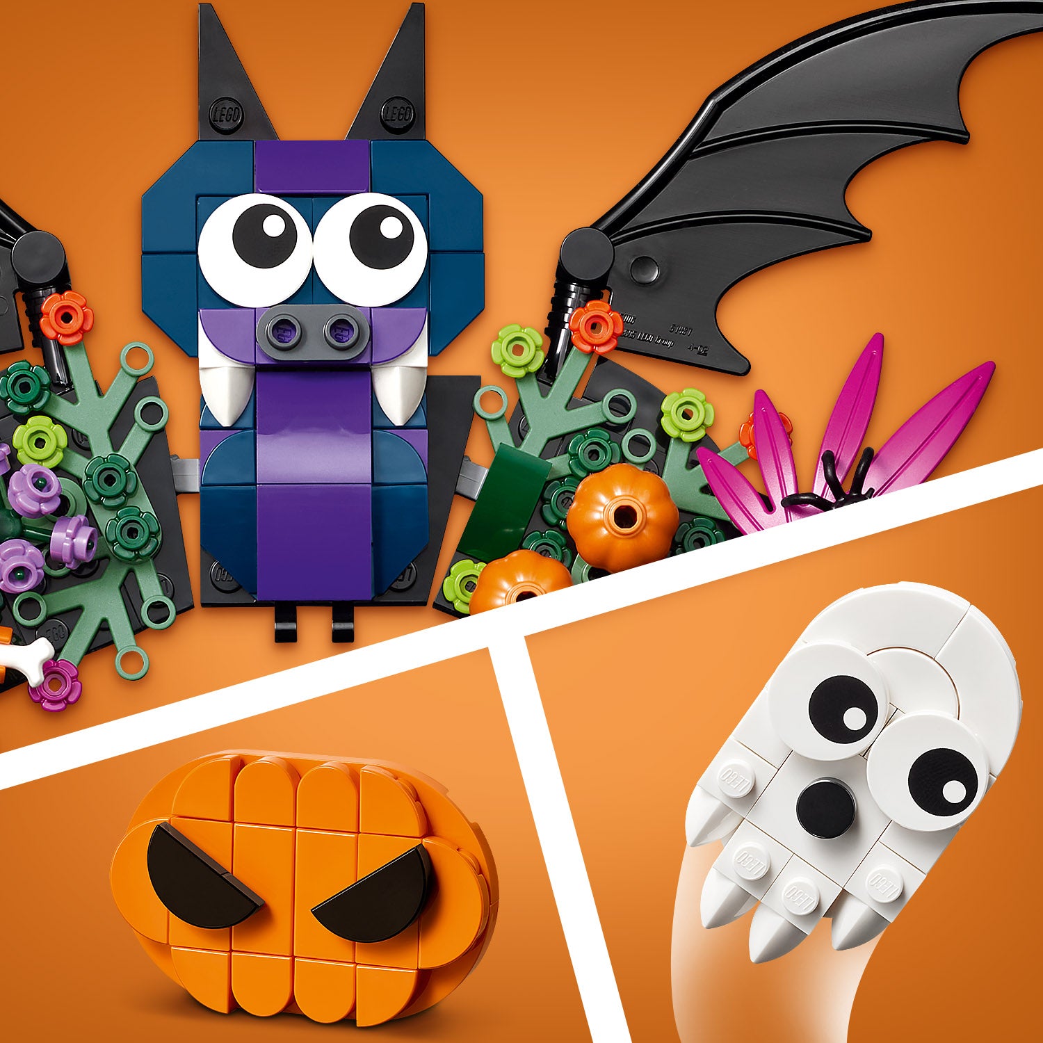 Drei LEGO Figuren auf orangefarbenem Hintergrund: eine Fledermaus mit großen Augen und spitzen Ohren, ein grinsender Kürbis und ein Geist mit großen Augen und Zähnen.