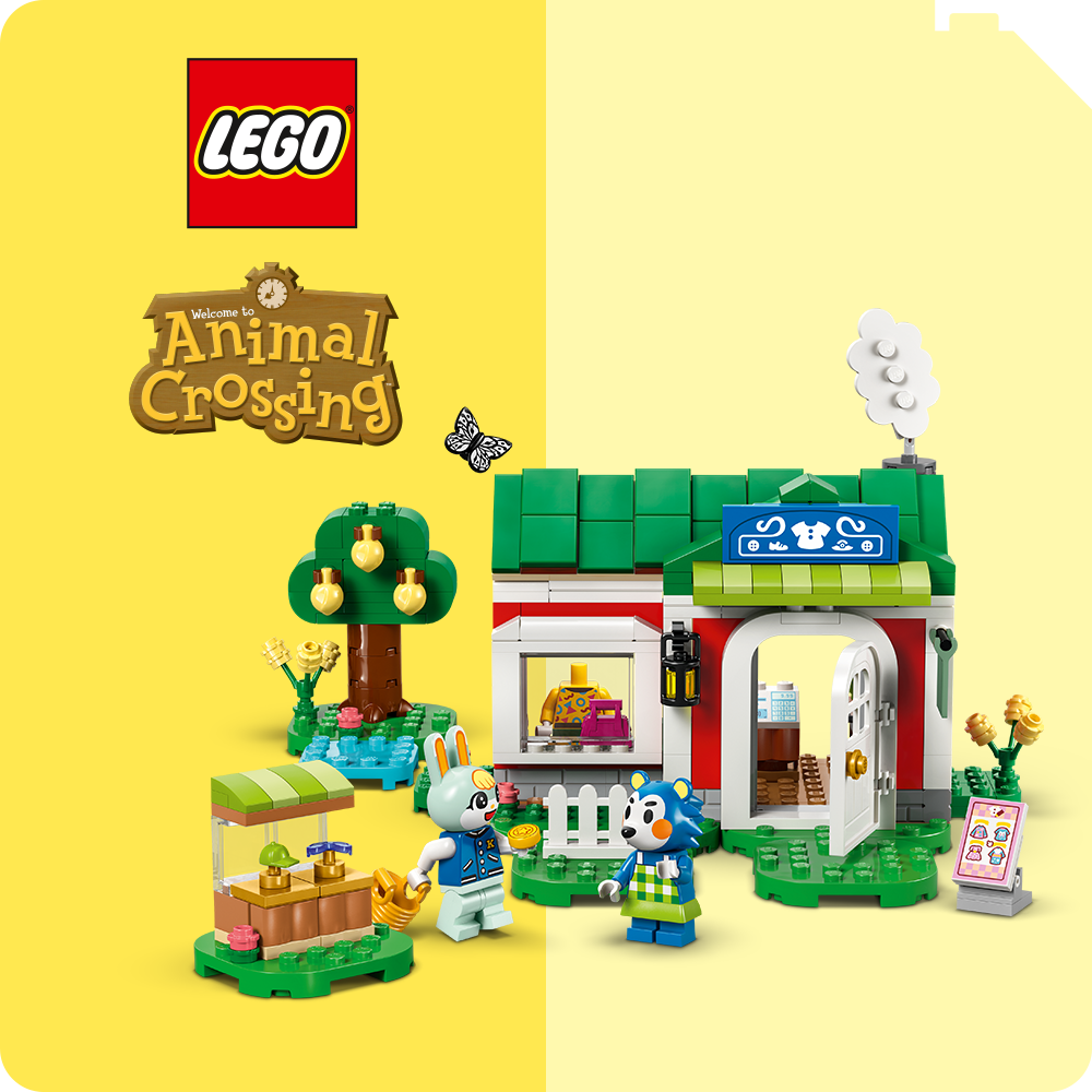 Button LEGO® Animal Crossing Gelber HIntergrund mit Haus und Figuren