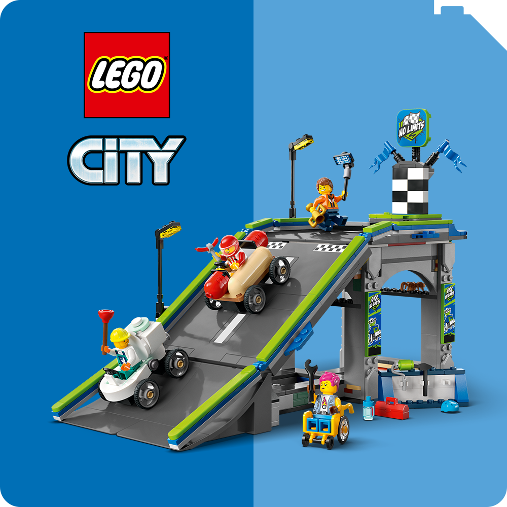 Button LEGO® City Autorampe auf blauem Hintergrund