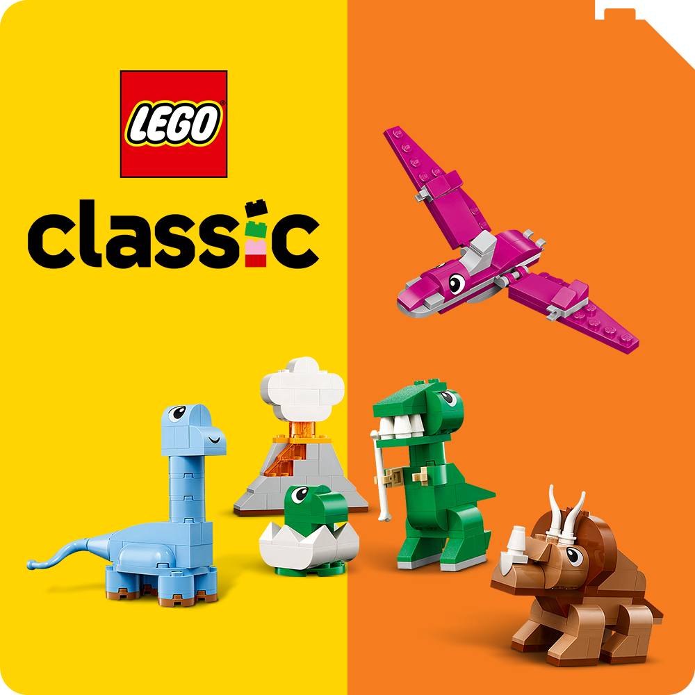 Button LEGO® Classic gelb orangener Hintegrund mit 5 Figuren