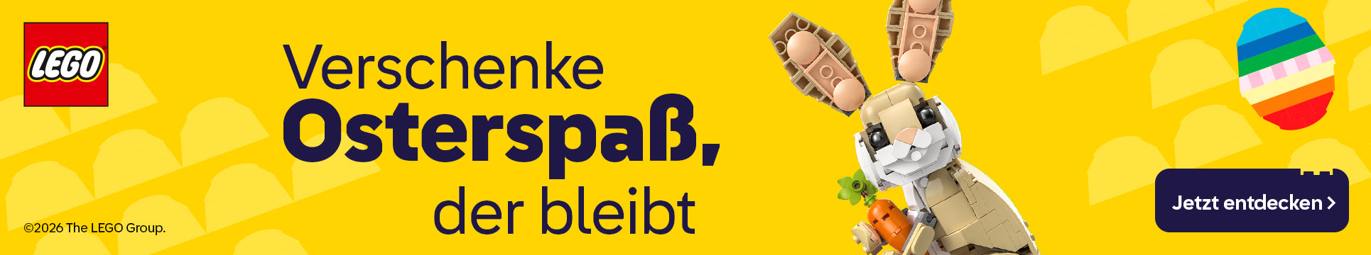 Werbebanner "Verschenke Osterspaß, der bleibt" LEGO Sets zu Ostern, LEGO Osterhase mit Karotte