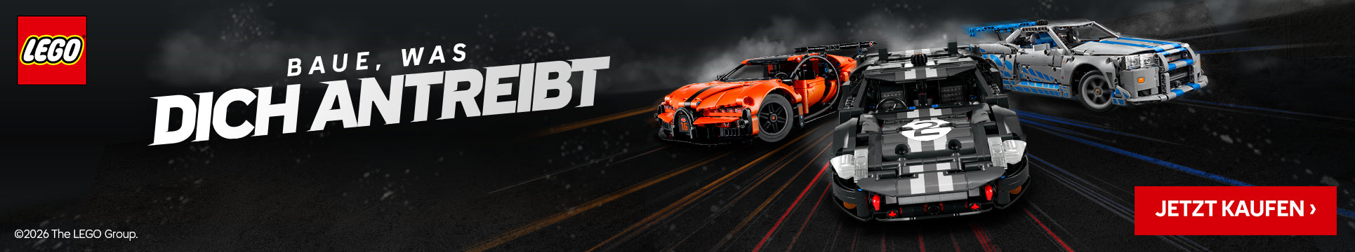 Werbebanner "Baue, was ich antreibt" LEGO Fahrzeuge