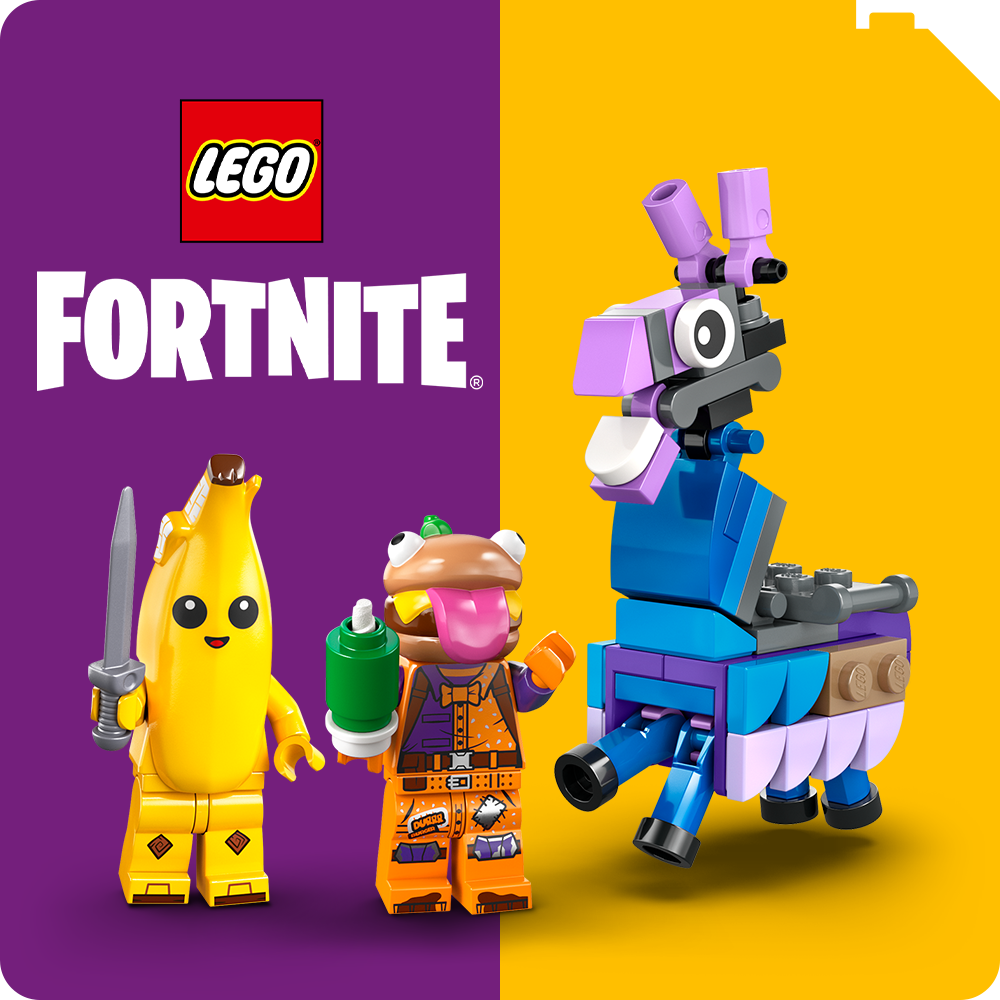 Zwei LEGO® Minifiguren aus Fortnite®, eine gelbe Banane mit Schwert und eine orangefarbene Figur mit grüner Flasche, daneben ein bunter LEGO Esel auf gelbem und violettem Hintergrund.