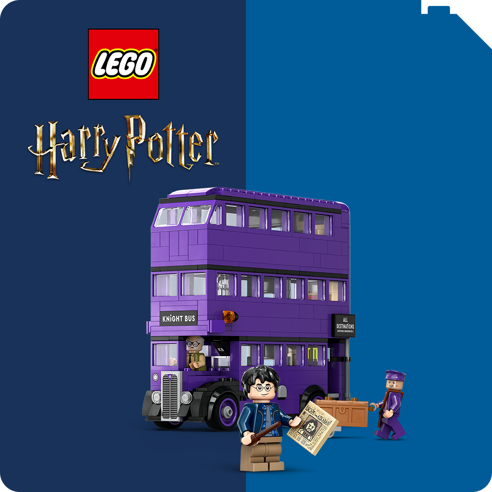 Button LEGO® Harrx Potter blauer Hintergrund mit lila fahrendem Ritter