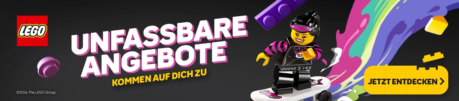 Unfassbare Angebote zum Blac Friday, LEGO Figur, die einen neonafarbenen Regenbogen entlang surft