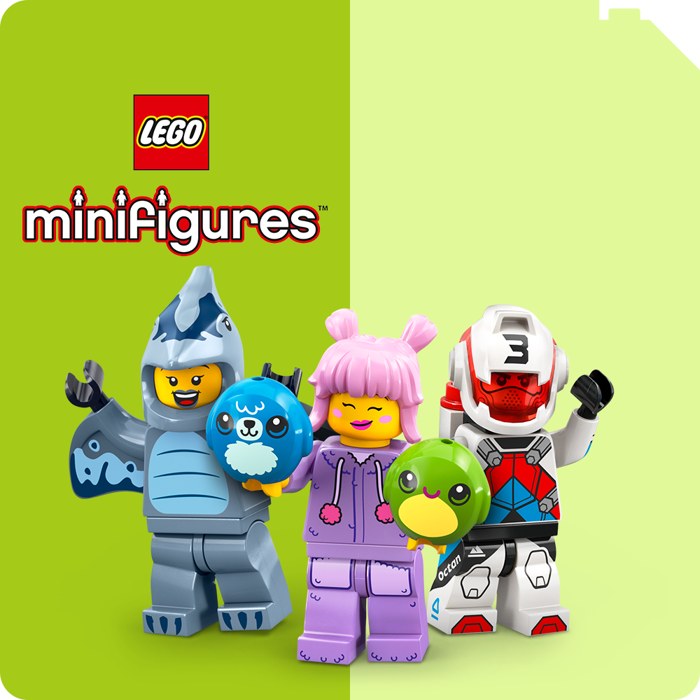 Button LEGO® minifigures hellgrüner und dunkelgrüner Hintergrund mit drei verschiedenen Figuren