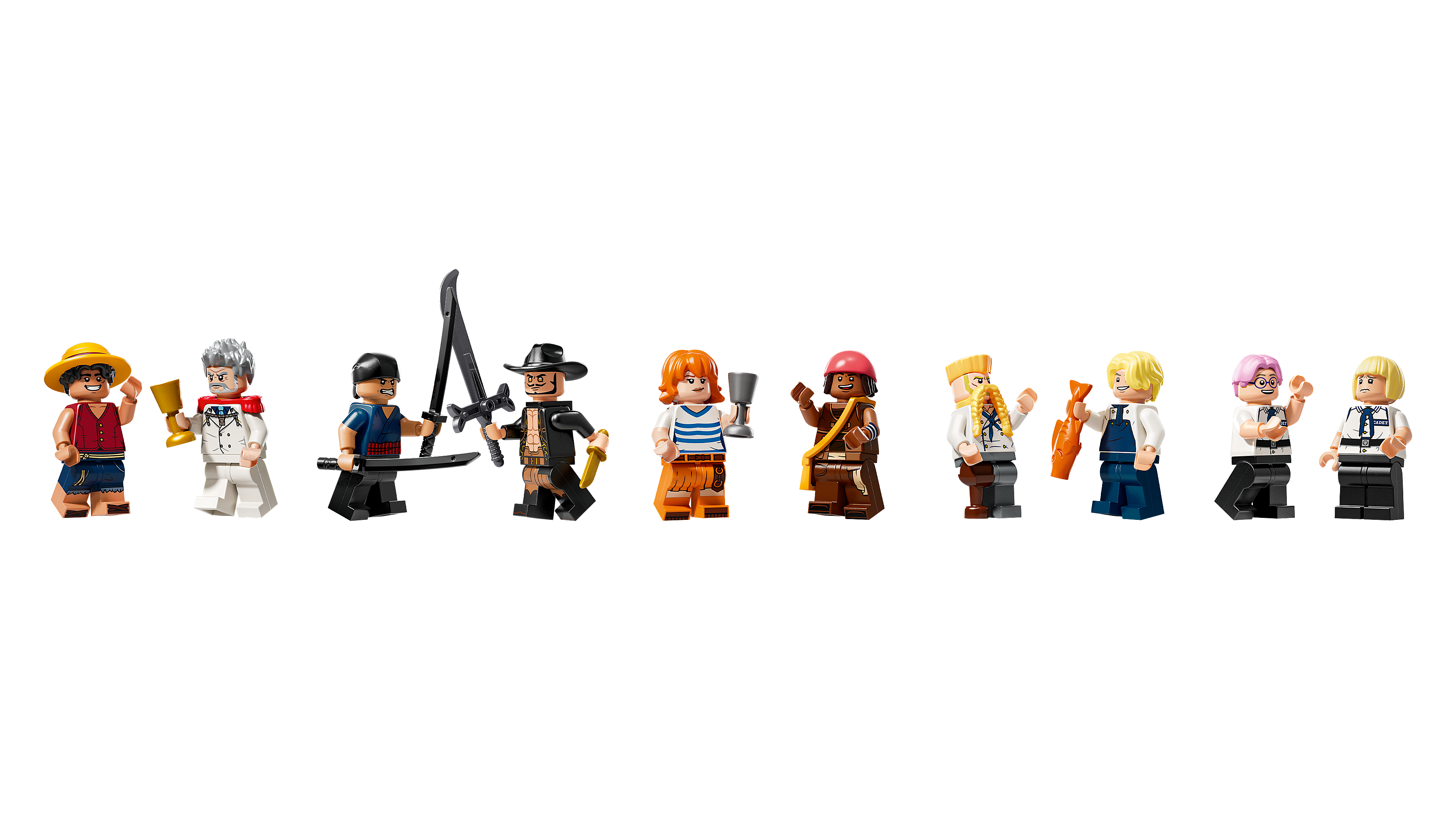 Acht LEGO Figuren aus der One Piece Serie in verschiedenen Posen und mit unterschiedlichen Accessoires vor schwarzem Hintergrund.