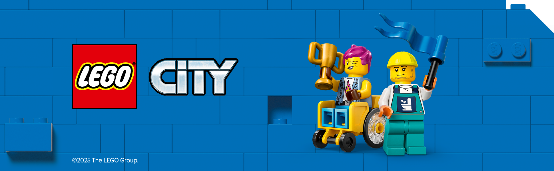 Banner LEGO® City Zwei Lego Figuren auf blauem Hintergrund
