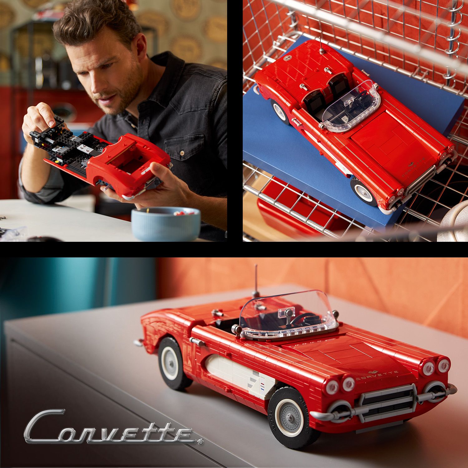 Mann baut rote LEGO Corvette