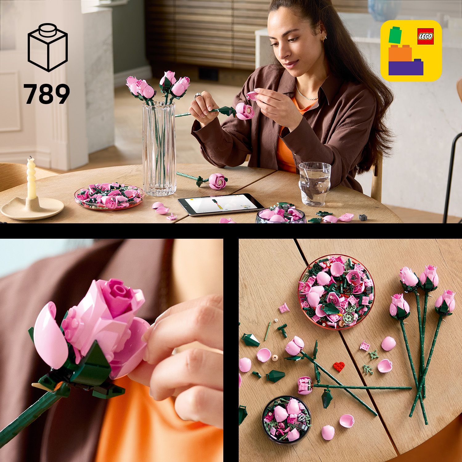 Mehrere Nahaufnahmen eines rosa LEGO-Blumenstraußes, der aus einzelnen Rosen besteht, die auf einem Holztisch mit verstreuten LEGO-Teilen liegen; eine Person setzt eine Blüte zusammen und stellt fertige Rosen in eine Glasvase.