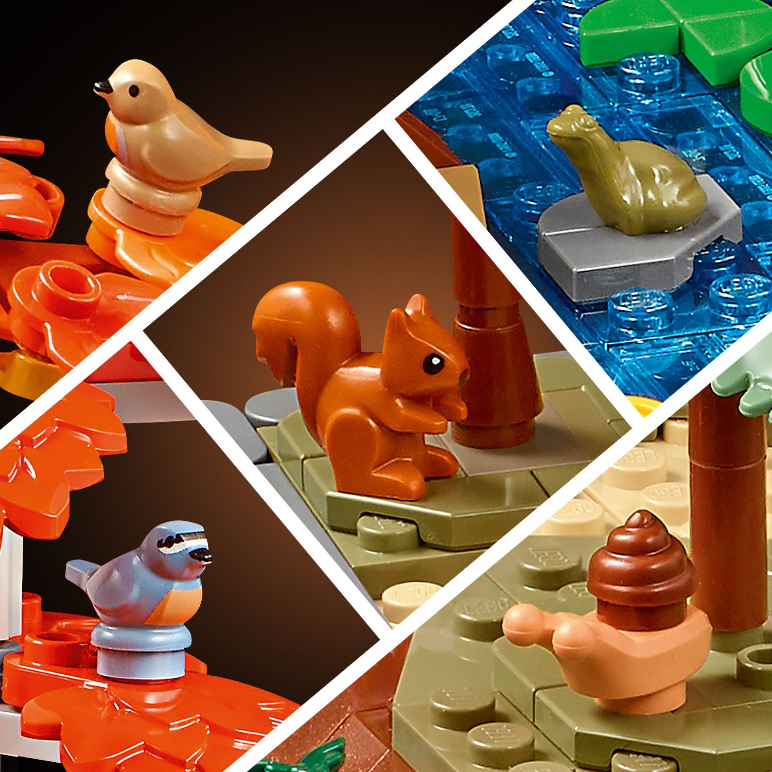 Mehrere LEGO Tiere auf herbstlichen Landschaftsteilen: ein braunes Eichhörnchen auf grünem Untergrund, ein brauner Vogel auf orangefarbenen Blättern, ein blauer Vogel auf orangefarbenen Blättern, eine grüne Schildkröte auf grauem Stein und eine braune Schnecke auf grünem Untergrund neben braunen Baumstämmen.