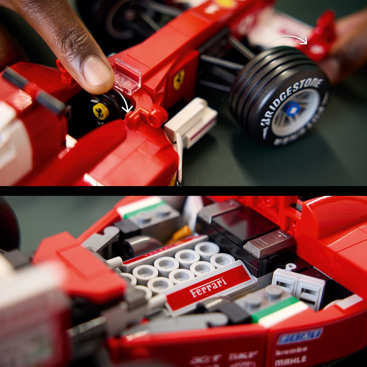 Nahaufnahme eines roten LEGO-Modells des Ferrari F2004 mit sichtbarem Ferrari-Logo und Bridgestone-Reifen, das von einer Hand berührt wird