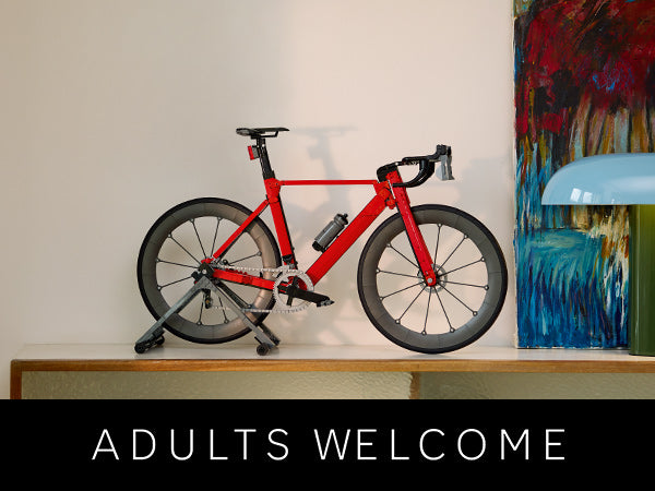 Rotes LEGO Rennrad mit schwarzem Ständer auf einem Holzregal vor weißer Wand und blauem Lampenschirm neben farbigem Bild