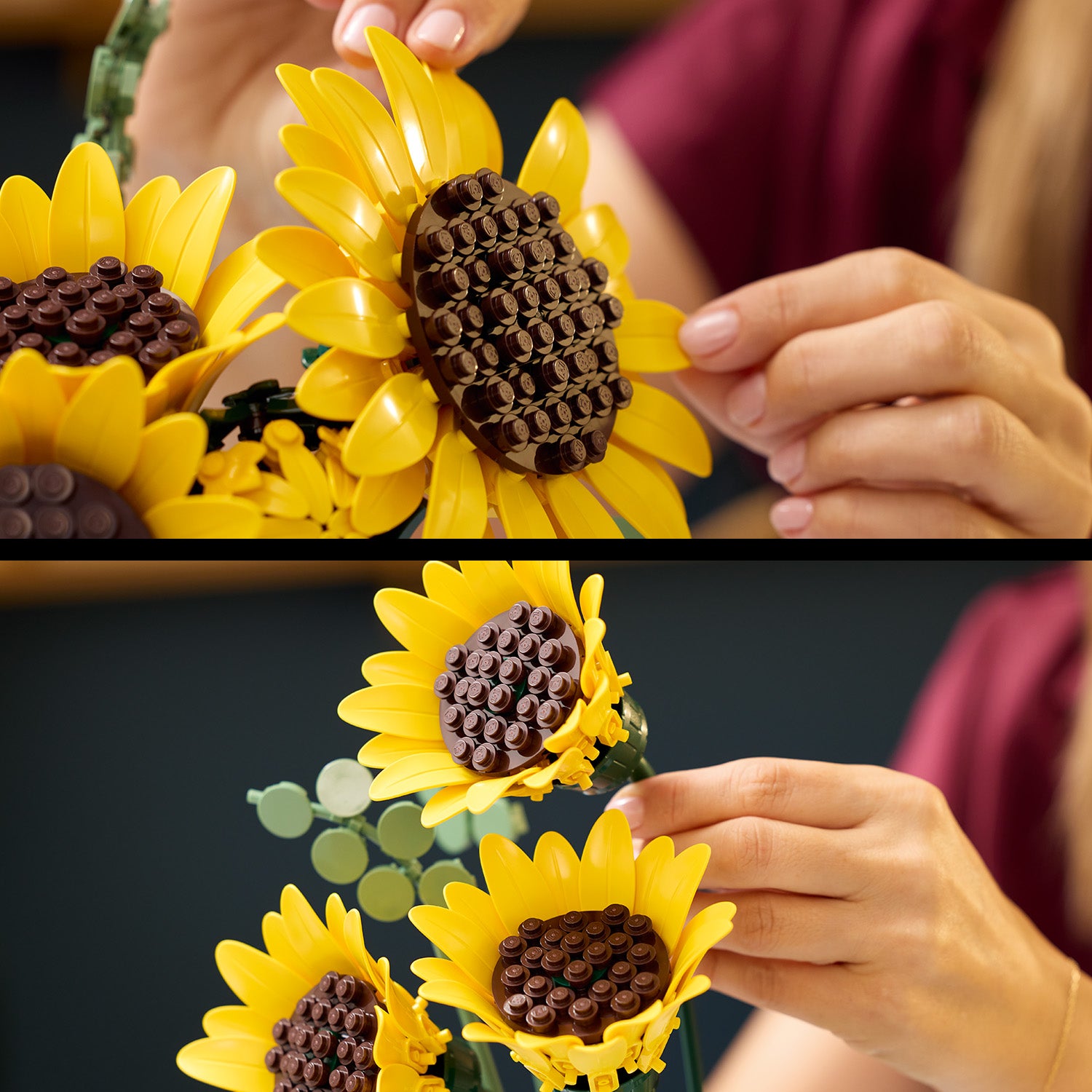 Zwei Nahaufnahmen von LEGO Sonnenblumen mit gelben Blütenblättern und braunen, runden Blütenköpfen, die von Händen gehalten werden