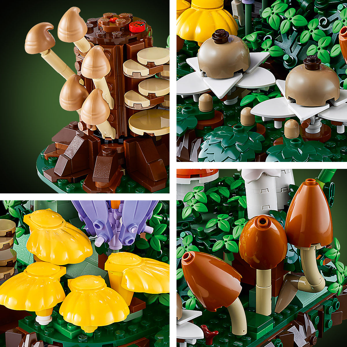 Vier Nahaufnahmen von LEGO Pilzen in verschiedenen Formen und Farben auf grüner Basis mit Blättern und Stämmen
