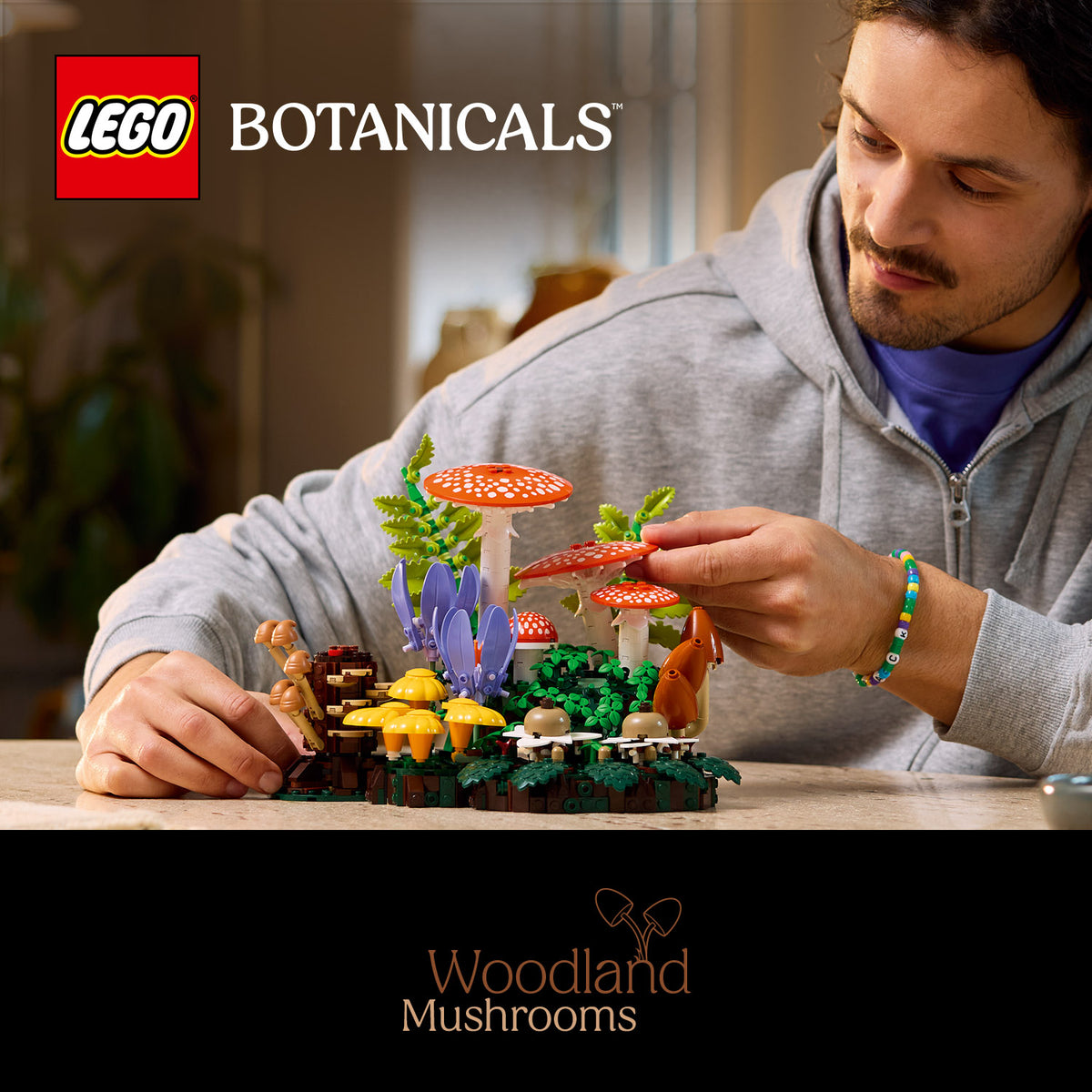 Mann baut mit LEGO Steinen ein Modell von Waldpilzen mit verschiedenen Pilzarten und Pflanzen auf einem Tisch
