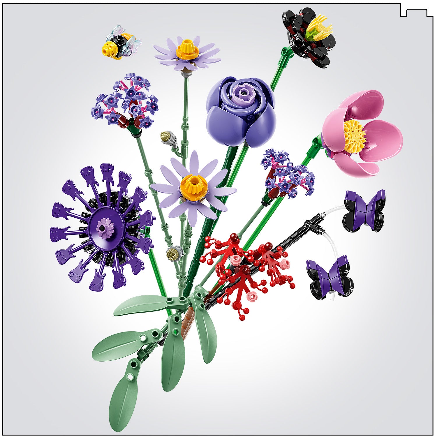 Bunter LEGO Blumenstrauß mit verschiedenen Blüten, Blättern, zwei Schmetterlingen und einer Biene aus Bausteinen