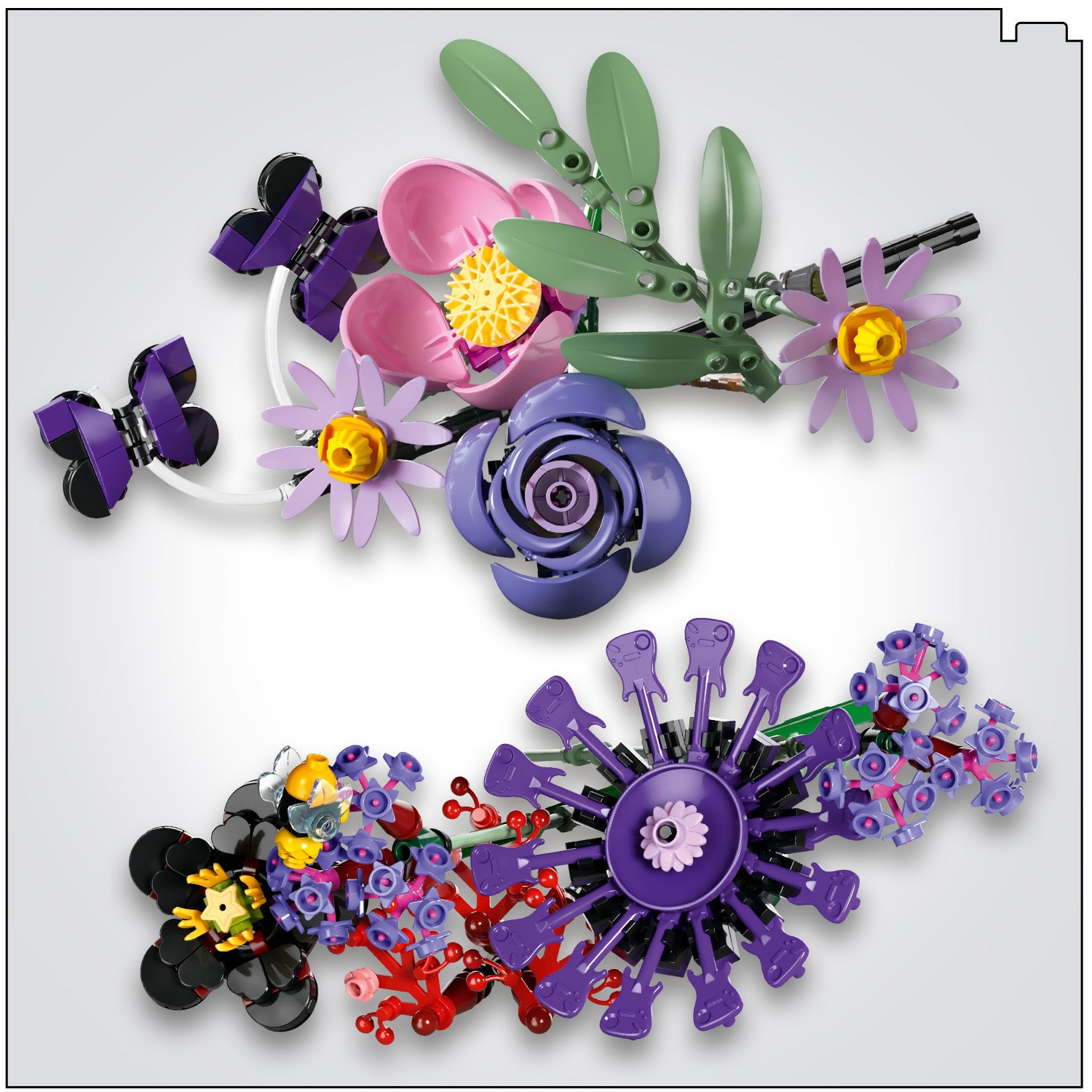 Mehrere bunte LEGO Blumen und -Blätter in verschiedenen Formen und Farben, darunter lila, rosa, gelb und grün, auf weißem Hintergrund.