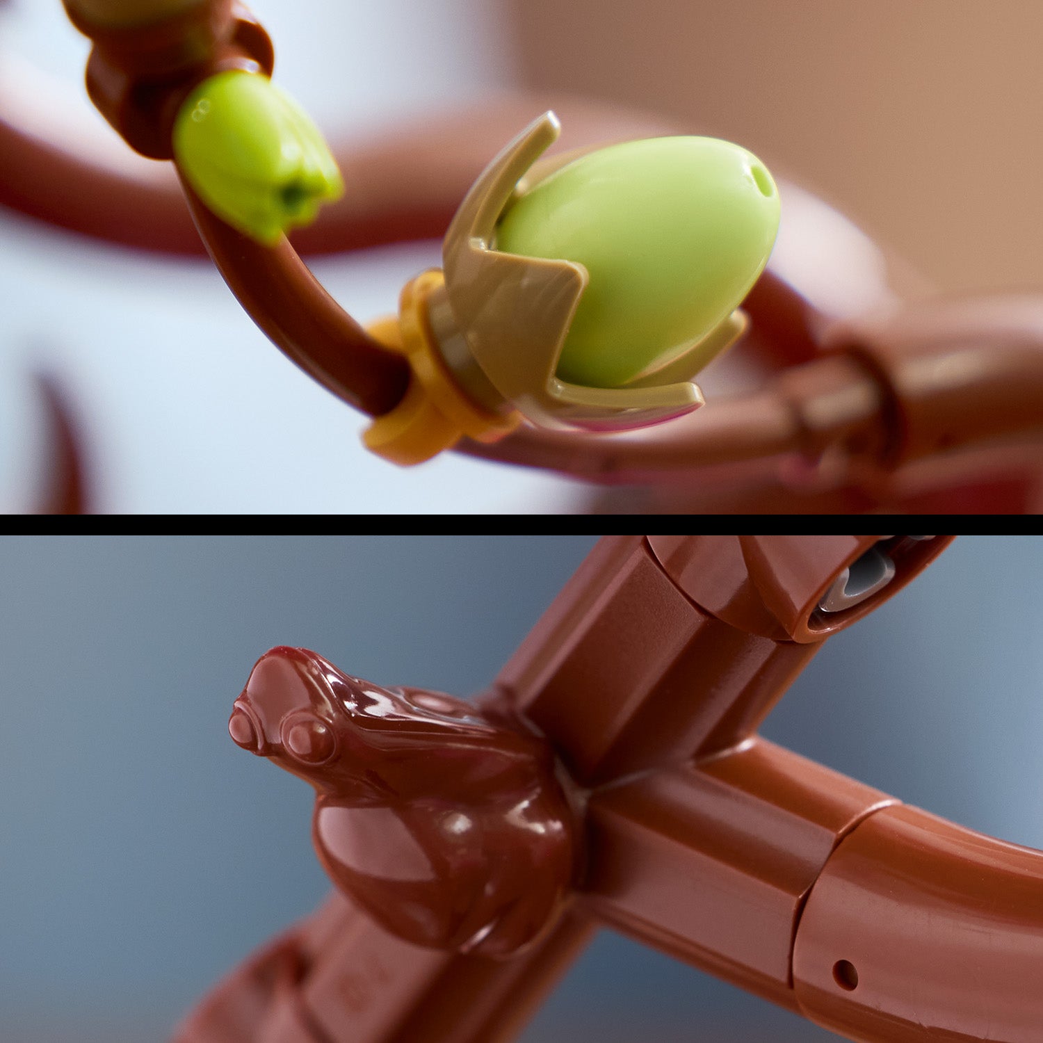 Nahaufnahme von LEGO Magnolienzweigen mit grünem Knospen-Element und braunem Ast mit kleinem Vogel-Element