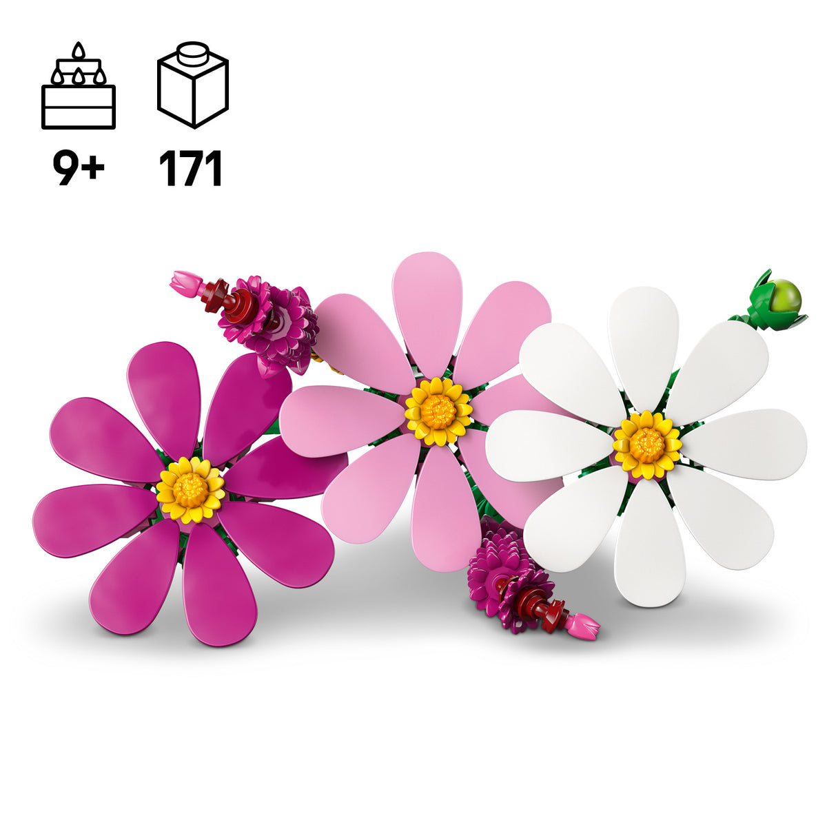 Drei LEGO Blumen mit großen Blütenblättern in Pink-, Hellrosa- und Weißtönen mit gelben Blütenmitten und kleinen dekorativen Elementen