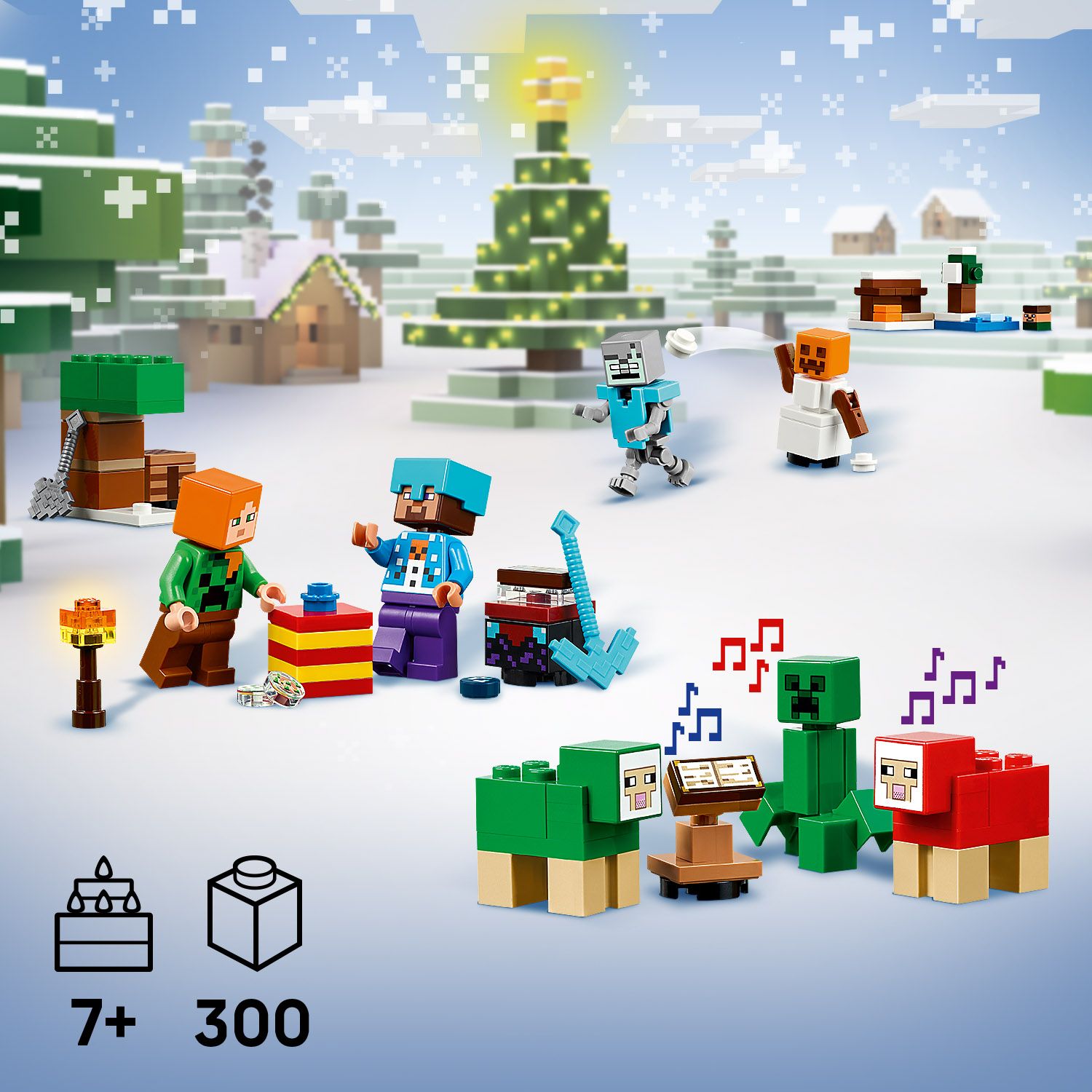 Mehrere LEGO Minecraft-Figuren und -Tiere in winterlicher Landschaft mit pixeligem Weihnachtsbaum und Häusern im Hintergrund.
