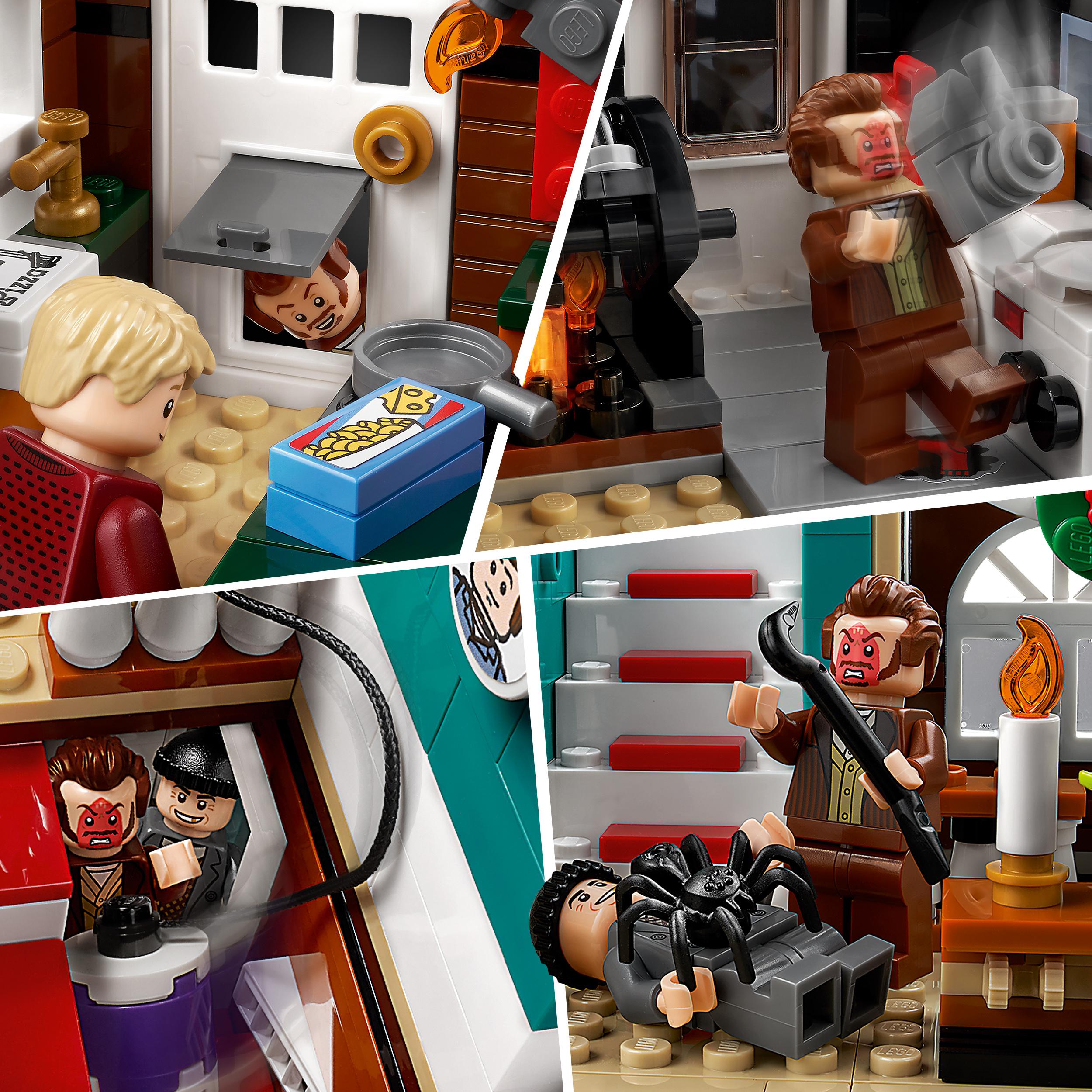 Vier Szenen aus dem LEGO-Set "Home Alone": Ein Junge schaut aus einem Fenster, ein Mann mit rotem Gesicht hält eine Waffe, zwei Männer mit rotem Gesicht und schwarzer Mütze verstecken sich, ein Mann mit rotem Gesicht hält einen Schraubenschlüssel über einer liegenden Figur mit Spinne.