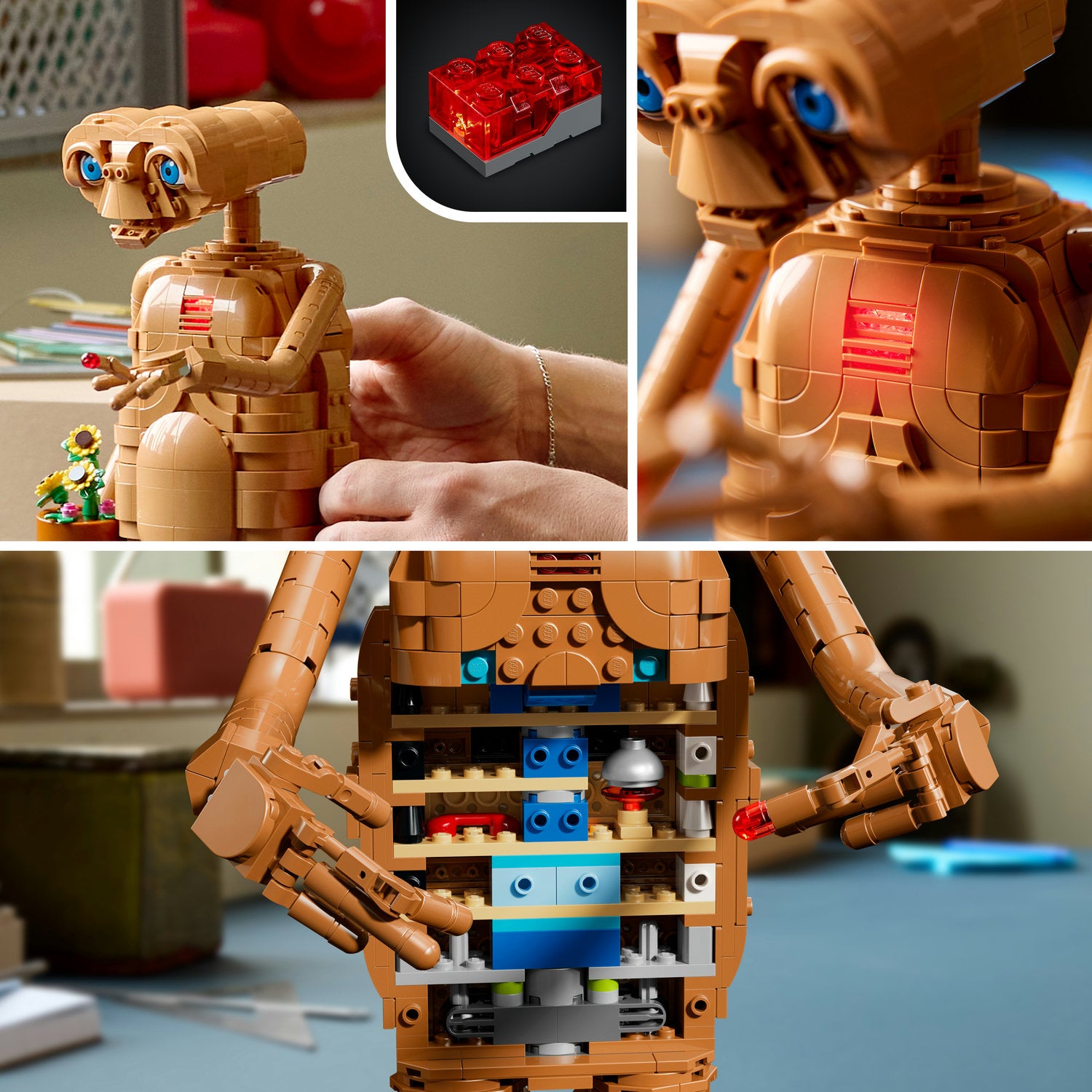 LEGO Modell von E.T. mit beweglichen Armen und leuchtendem Brustbereich, geöffnetes Inneres zeigt mechanische Details und kleine LEGO Elemente, daneben eine Hand und eine kleine LEGO Sonnenblume