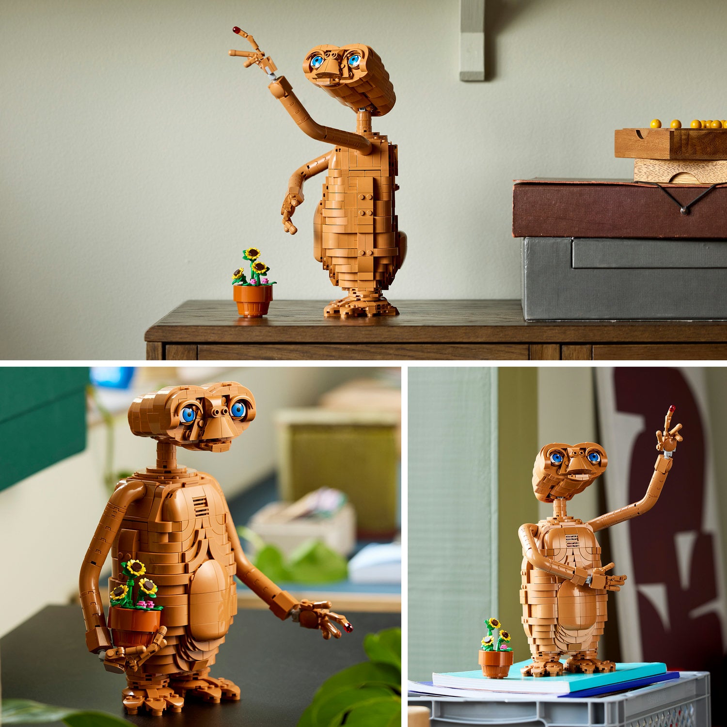 Drei Ansichten einer LEGO Figur von E.T. mit großen blauen Augen, erhobenem rechten Arm und einem kleinen Blumentopf mit Sonnenblumen als Zubehör.