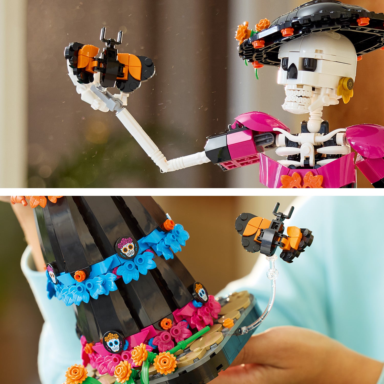 Detailaufnahme einer LEGO Skelettfigur mit schwarzem Hut, der mit bunten Blumen und Totenkopf-Motiven verziert ist, und einem orange-schwarzen Schmetterling auf einem ausgestreckten Arm.