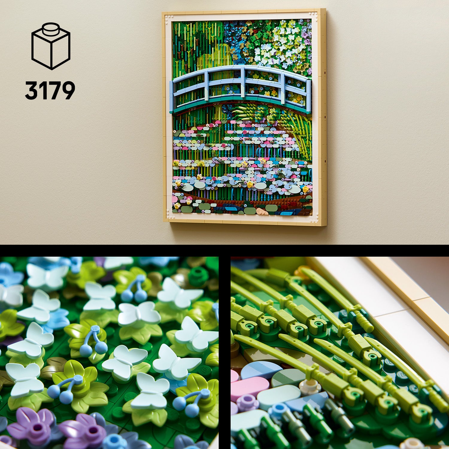 Wandbild aus LEGO Steinen zeigt Claude Monets Seerosen mit Brücke, Detailaufnahmen von weißen und lila Blüten sowie grünen Stängeln und Blättern, 3179 Teile, in Holzrahmen.