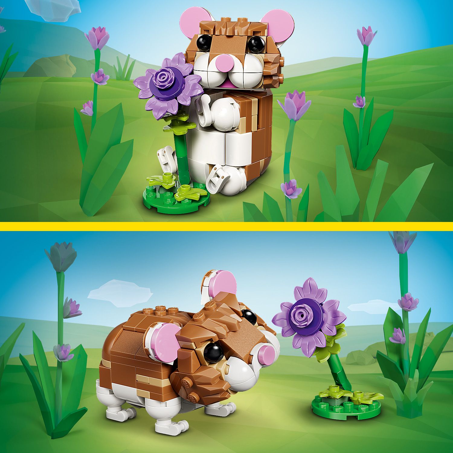 Zwei Ansichten eines LEGO Creator Hamsters aus braunen, weißen und rosa Steinen, der eine lila Blume hält bzw. daran schnuppert, umgeben von weiteren lila Blumen auf grünem Untergrund.