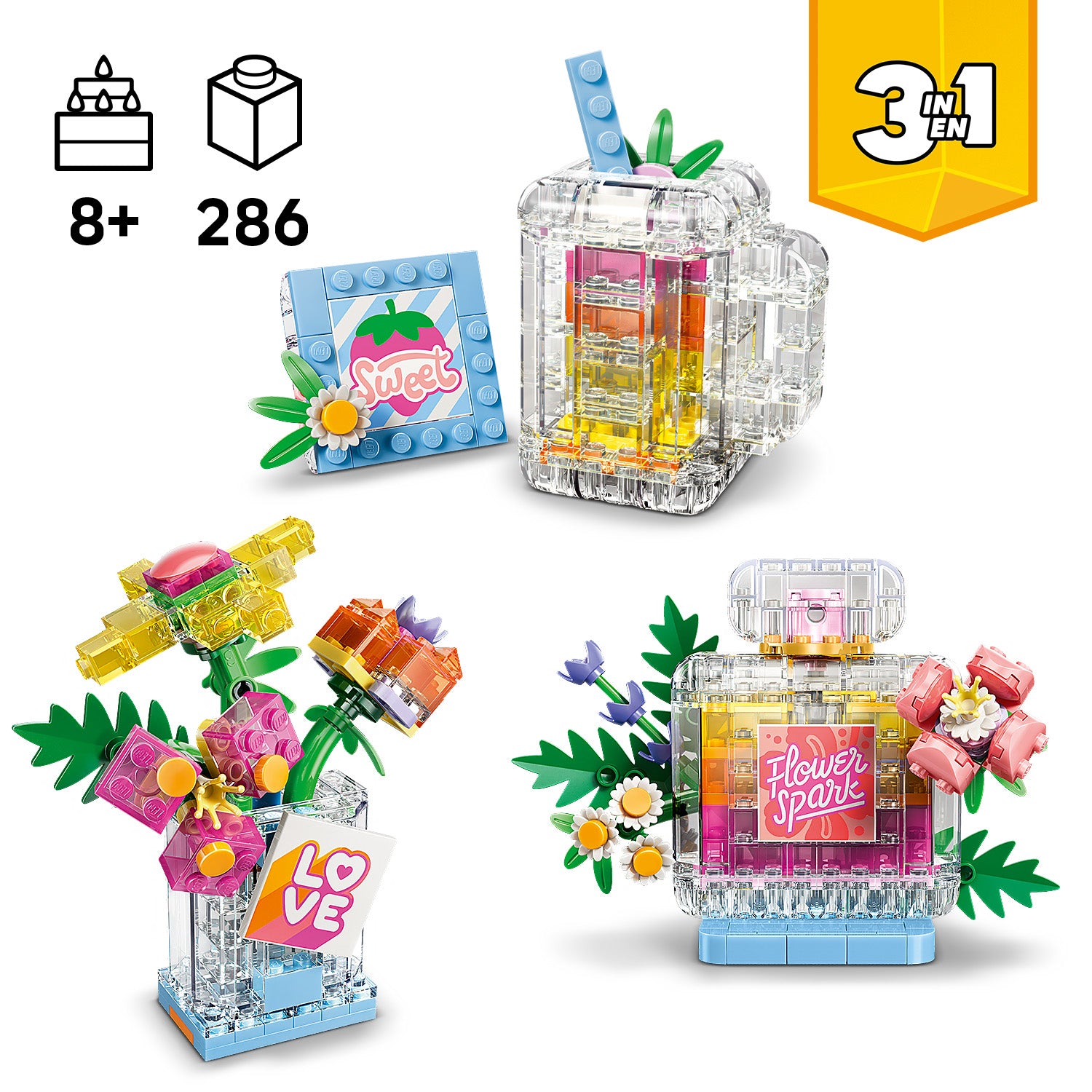 Drei verschiedene LEGO Modelle aus transparenten und bunten Steinen, darunter eine Parfümflasche mit Blumen, ein Bilderrahmen mit dem Schriftzug 'Sweet' und ein Blumenstrauß mit einem Schild 'LOVE'