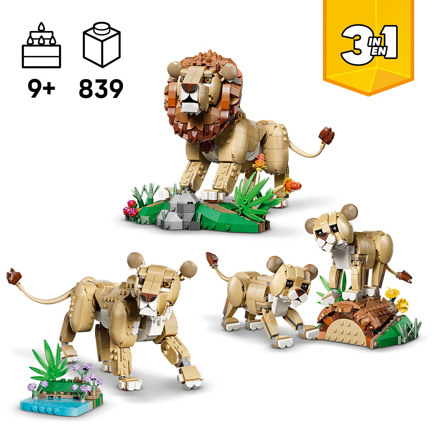 Drei LEGO-Tiermodelle aus dem Set 31386 zeigen einen Löwen mit Mähne auf einer grünen Basis mit Steinen, eine Löwin mit Jungtier auf einer braunen Basis mit Pflanzen und ein weiteres Jungtier auf einer blauen Basis mit Pflanzen.
