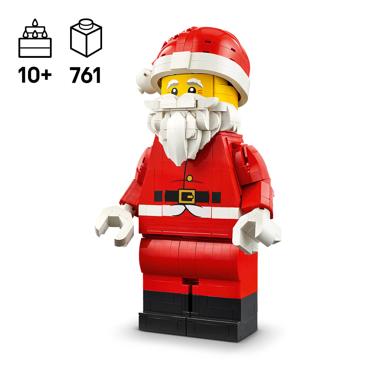 Große LEGO Weihnachtsmann-Minifigur mit rotem Anzug, weißem Bart und roter Mütze