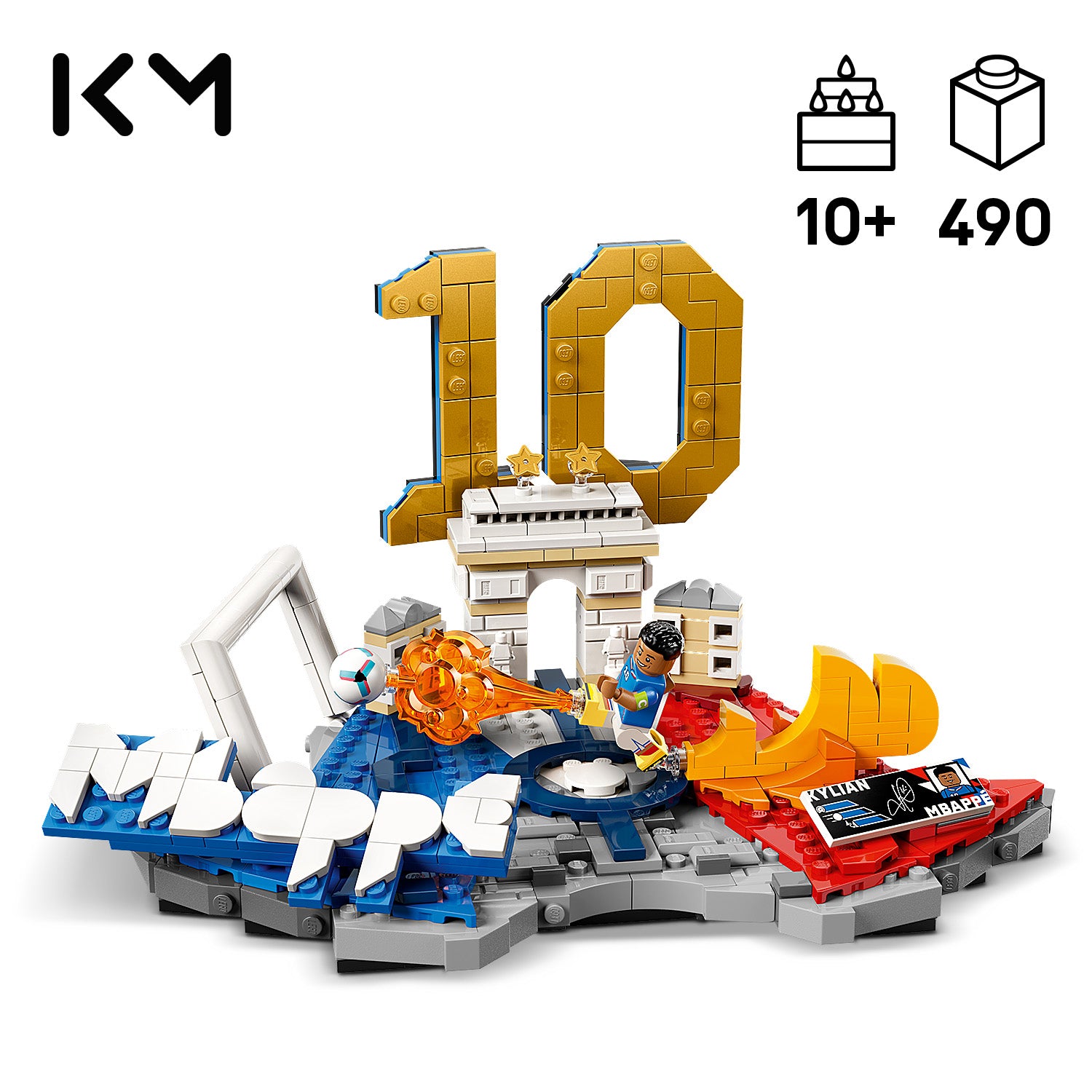 LEGO Set mit goldener Zahl 10, Miniatur des Arc de Triomphe, Fußballspielerfigur mit Ball und Flammen, Schriftzug "Mbappé" und Namensschild "Kylian Mbappé"
