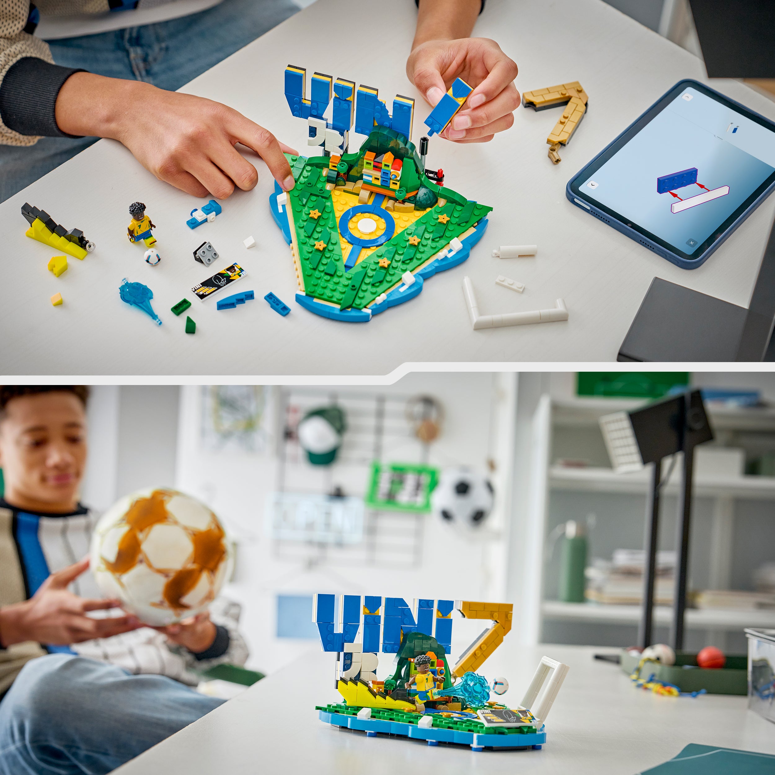 Zwei Fotos zeigen eine LEGO Fußballszene mit dem Schriftzug »VINI 7« aus LEGO Steinen, auf einem Tisch mit einem Tablet und einer Person, die einen Fußball hält.