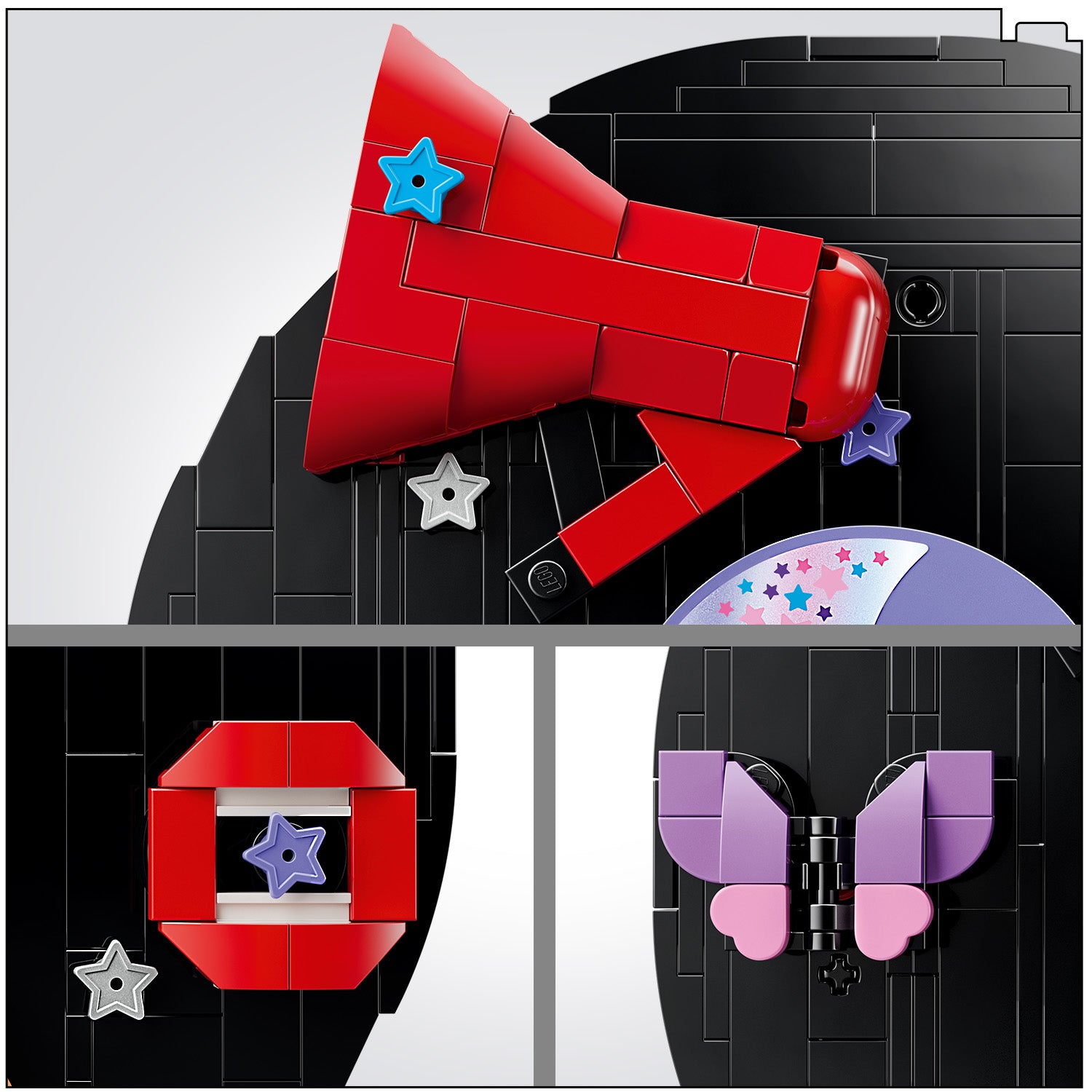 Drei Nahaufnahmen eines LEGO Sets zeigen eine rote Figur mit Sternen, einen roten Rahmen mit einem lila Stern und einen lila Schmetterling mit rosa Flügeln vor einem schwarzen Hintergrund.