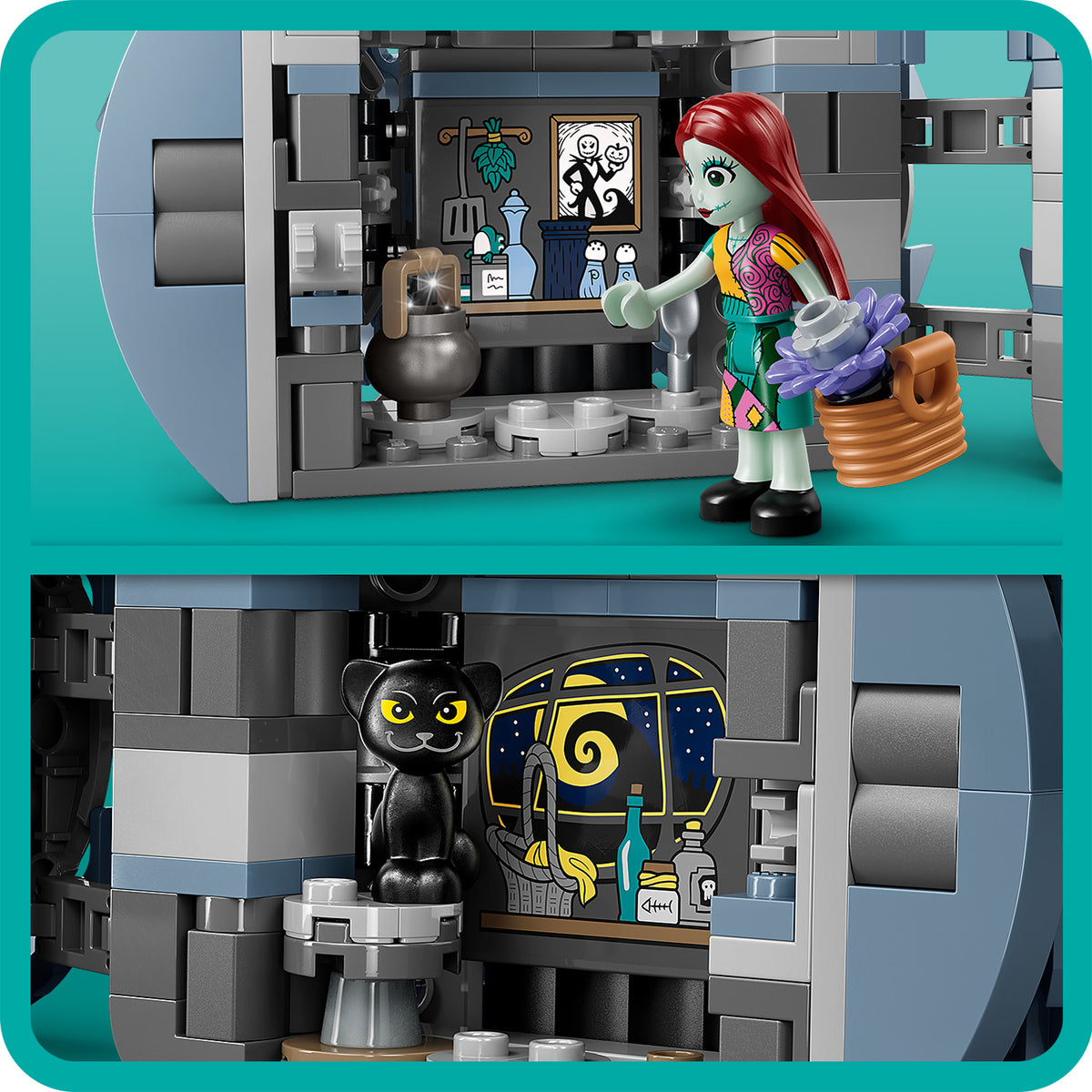 Zwei LEGO Szenen: Oben eine Figur mit rotem Haar, bunter Kleidung und Korb vor einem Regal mit Flaschen und einem Bild, unten eine schwarze LEGO Katze vor einem Fenster mit Nachthimmel und verschiedenen Flaschen.