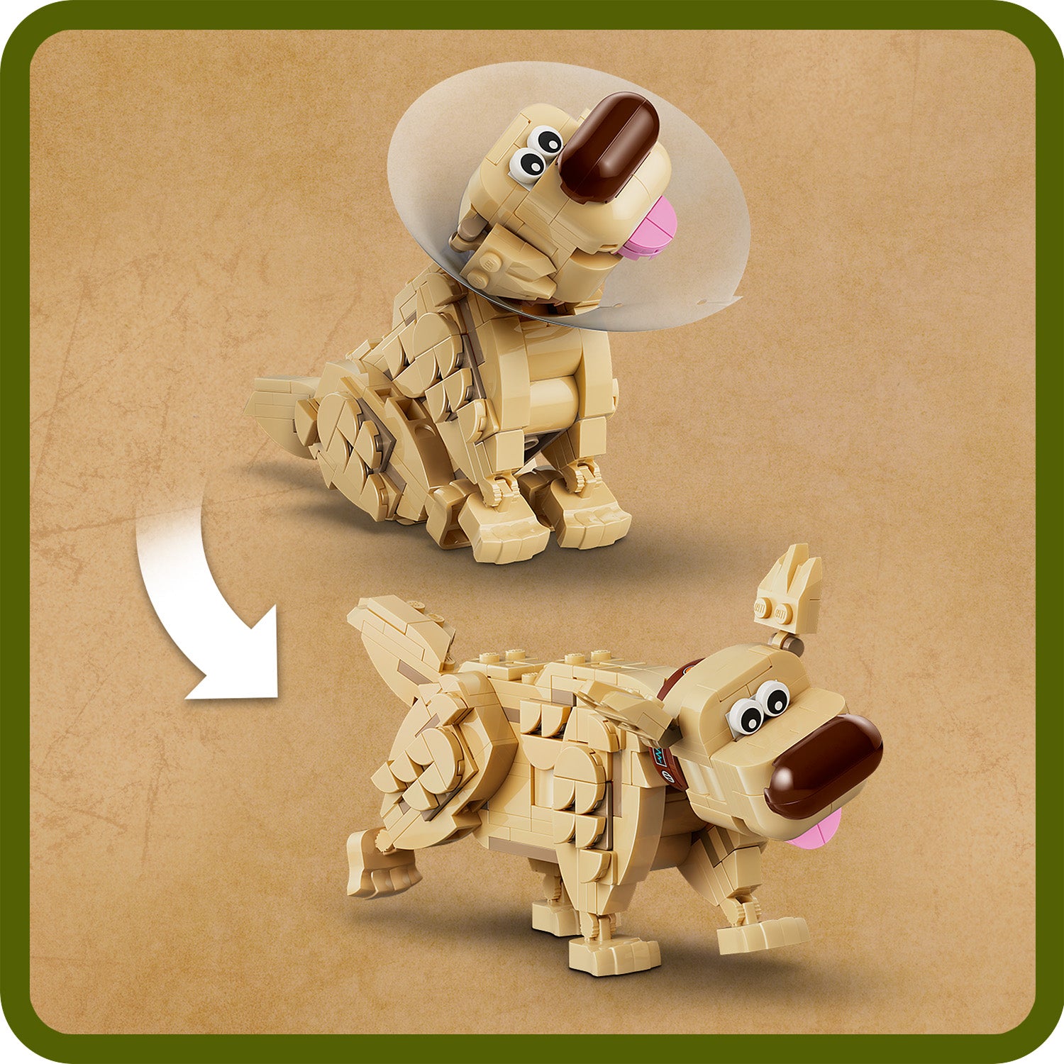 Zwei LEGO Modelle des Hundes Dug aus dem Set 43290, eines sitzend und eines stehend mit herausgestreckter Zunge, beide in beige mit großen Augen und brauner Nase