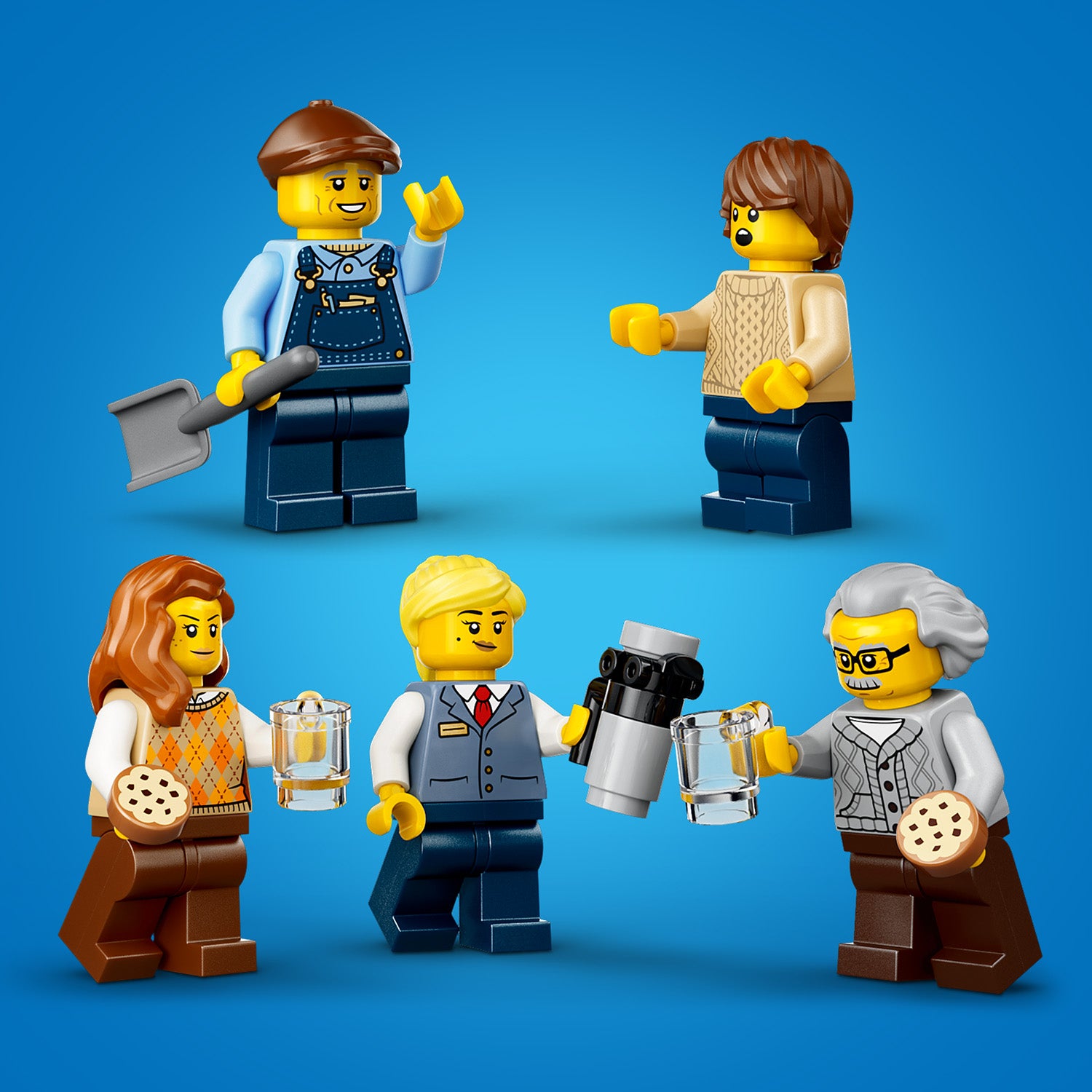 Fünf LEGO Minifiguren vor blauem Hintergrund, darunter ein Mann mit brauner Mütze und Schaufel, eine Frau mit braunem Pullover, zwei Personen mit Keks und Bierkrug sowie ein Mann im Anzug mit Thermoskanne