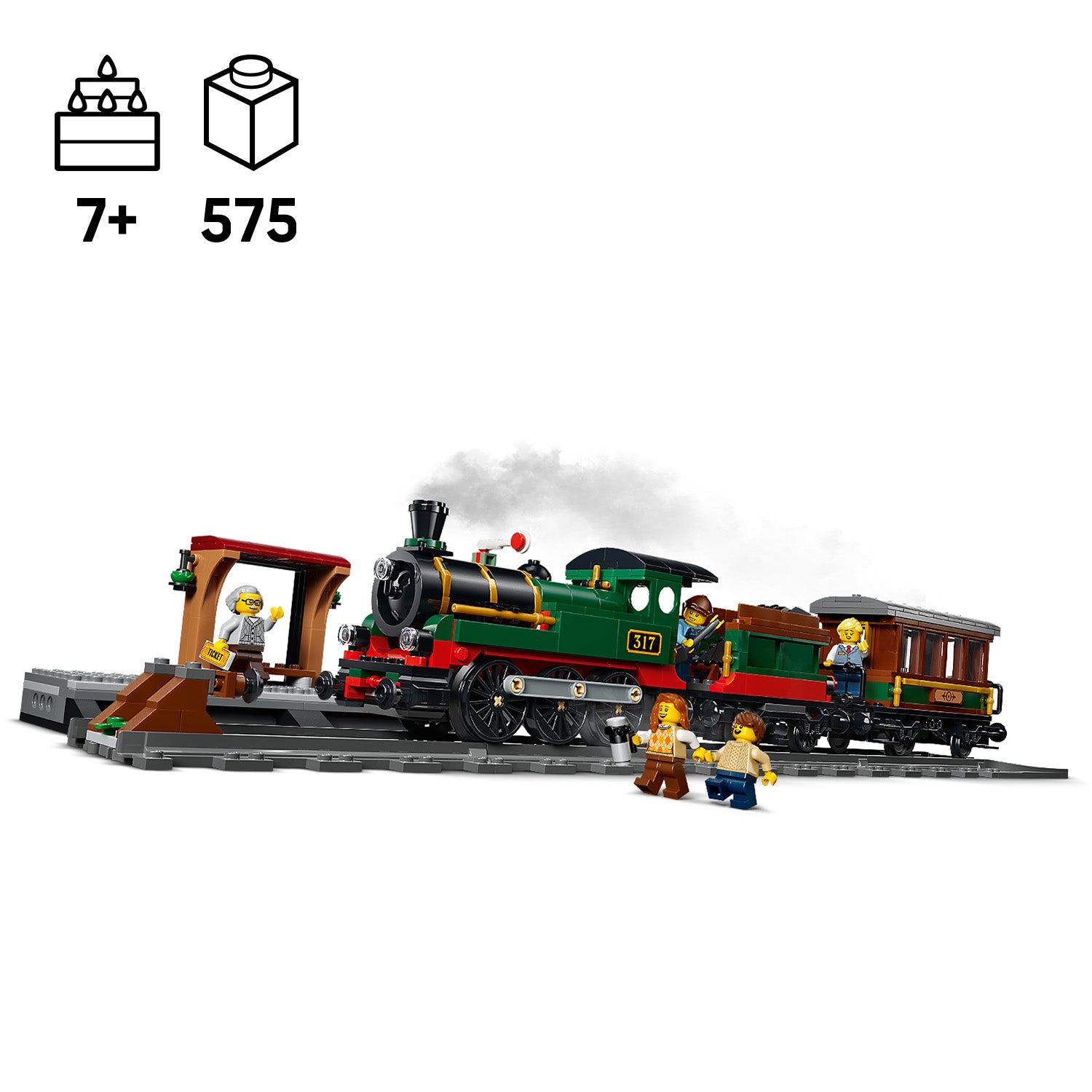 LEGO Dampflokomotive mit Waggon auf Schienen, vier LEGO Figuren und ein kleines Bahnhofsgebäude