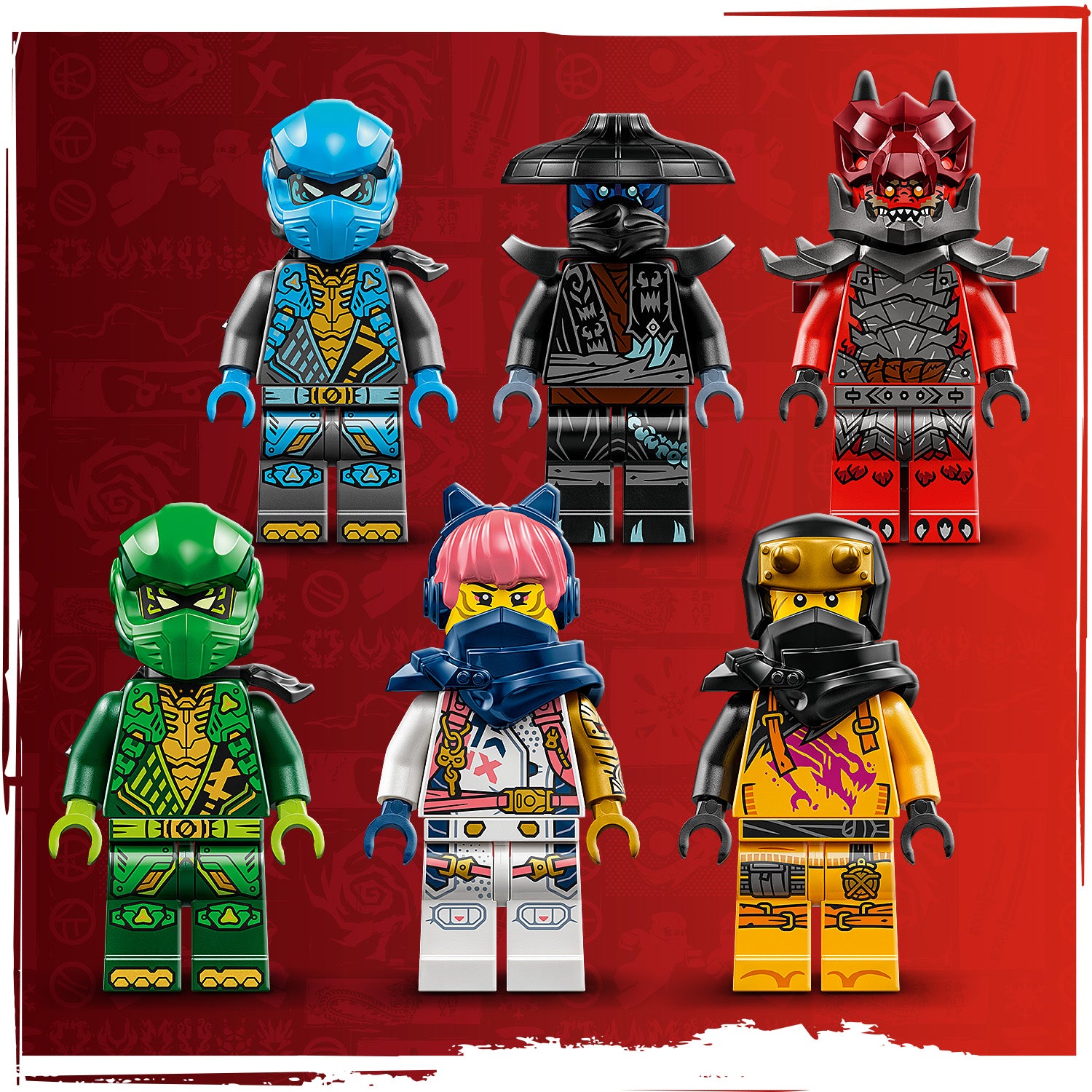 Sechs LEGO Minifiguren in verschiedenen Farben und mit detaillierten Rüstungen und Masken vor rotem Hintergrund