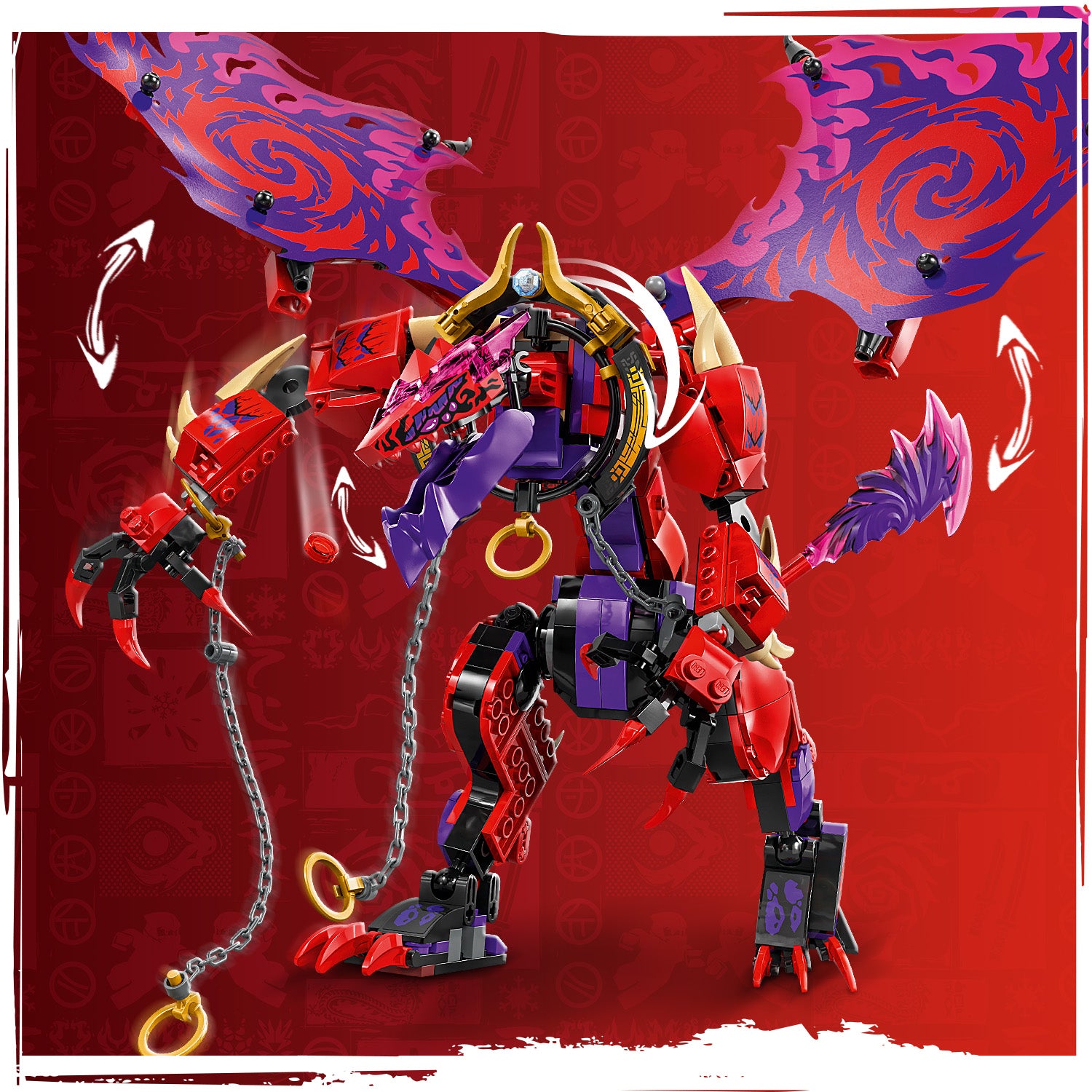Roter und violetter LEGO Drachen mit großen Flügeln, Ketten und goldfarbenen Hörnern in aufrechter Position