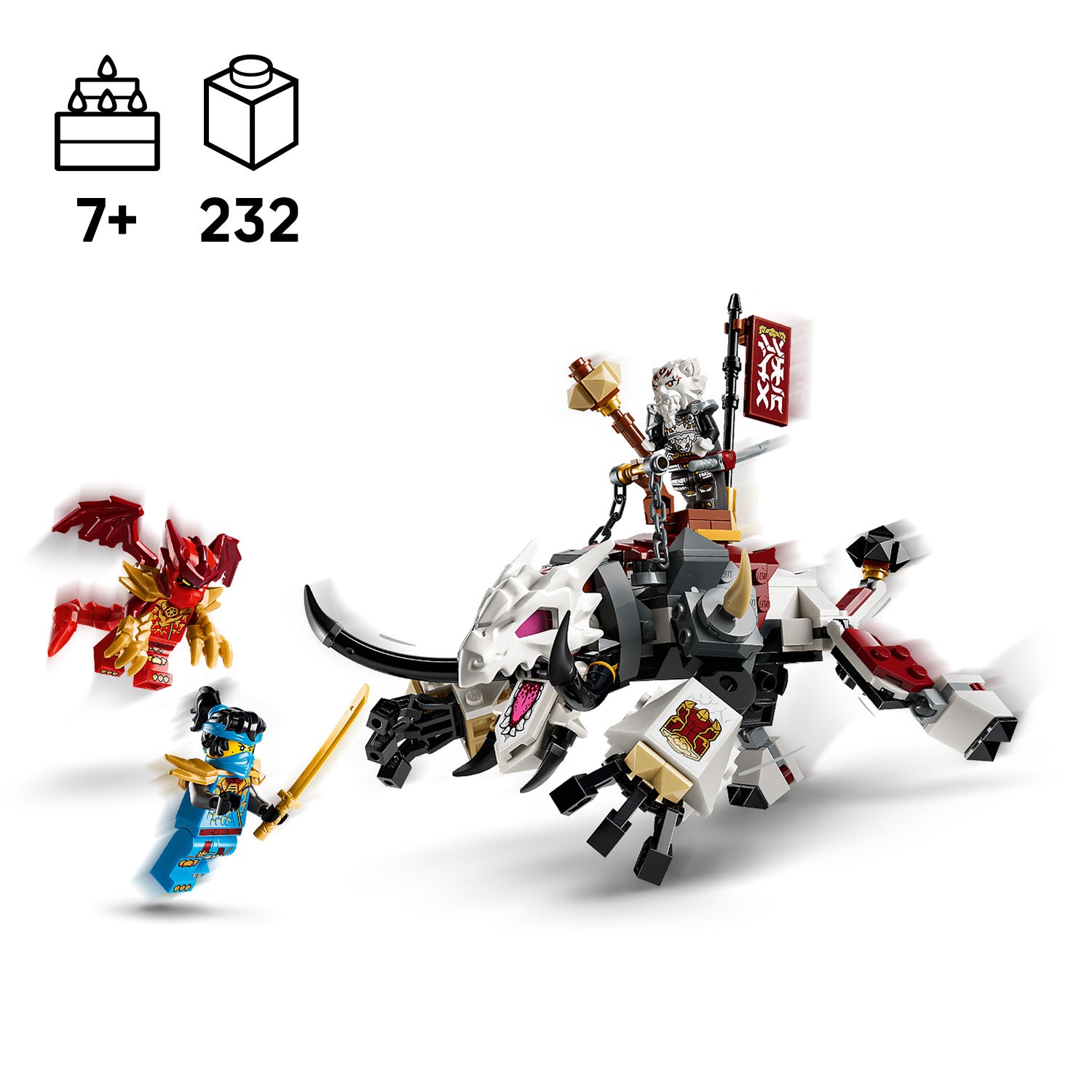 LEGO Set mit einer Reiterfigur auf einem schwarz-weißen Drachentier mit Hörnern, einer blauen Ninja-Figur mit Schwert und einem kleinen roten Drachen