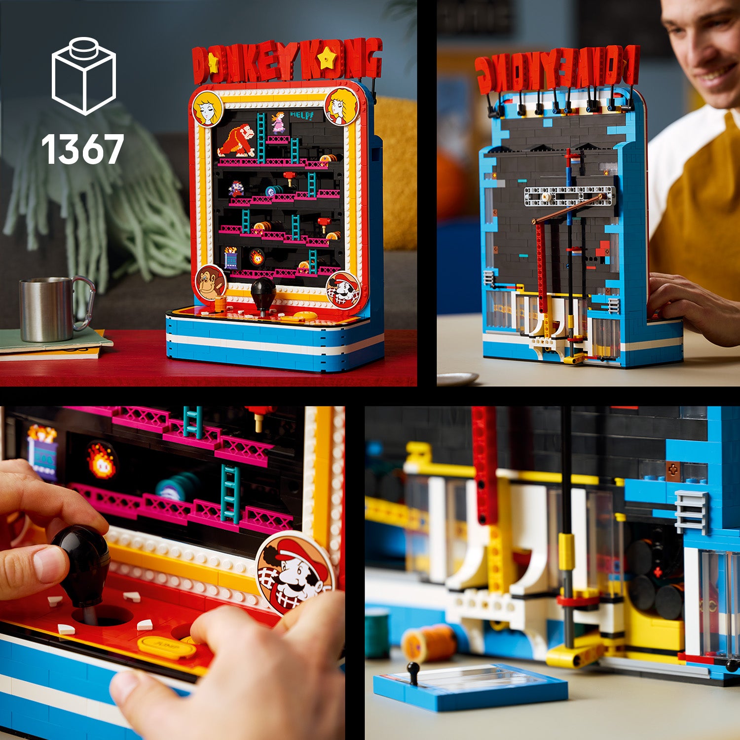 Vierteilige Collage mit LEGO Donkey-Kong-Arcade-Spielautomat aus LEGO Steinen, Vorder- und Rückansicht, Nahaufnahme der Steuerung und Detailaufnahme der Mechanik