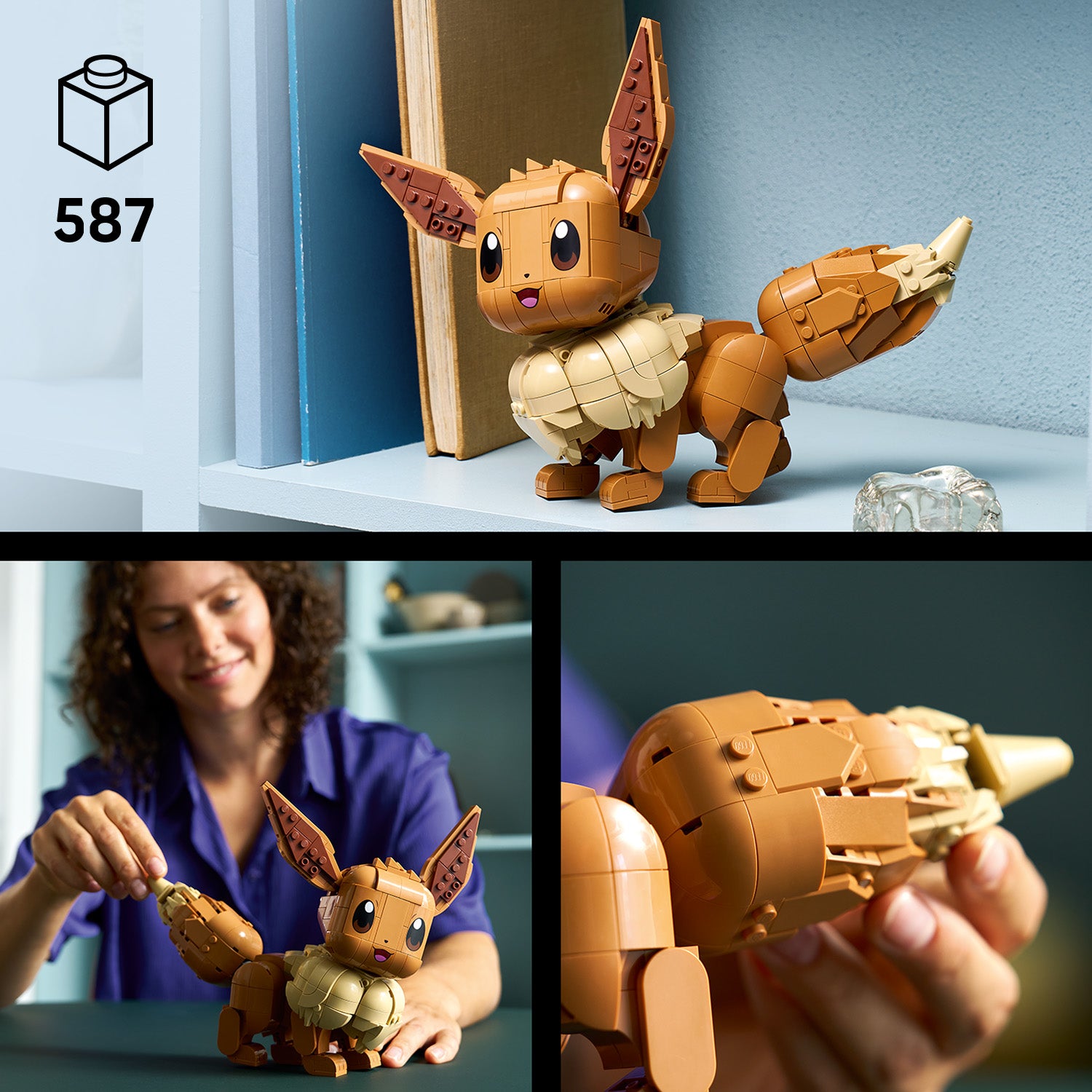 LEGO Modell des Pokémon Evoli mit 587 Teilen, dargestellt auf einem Regal und in Nahaufnahmen in den Händen einer Person.