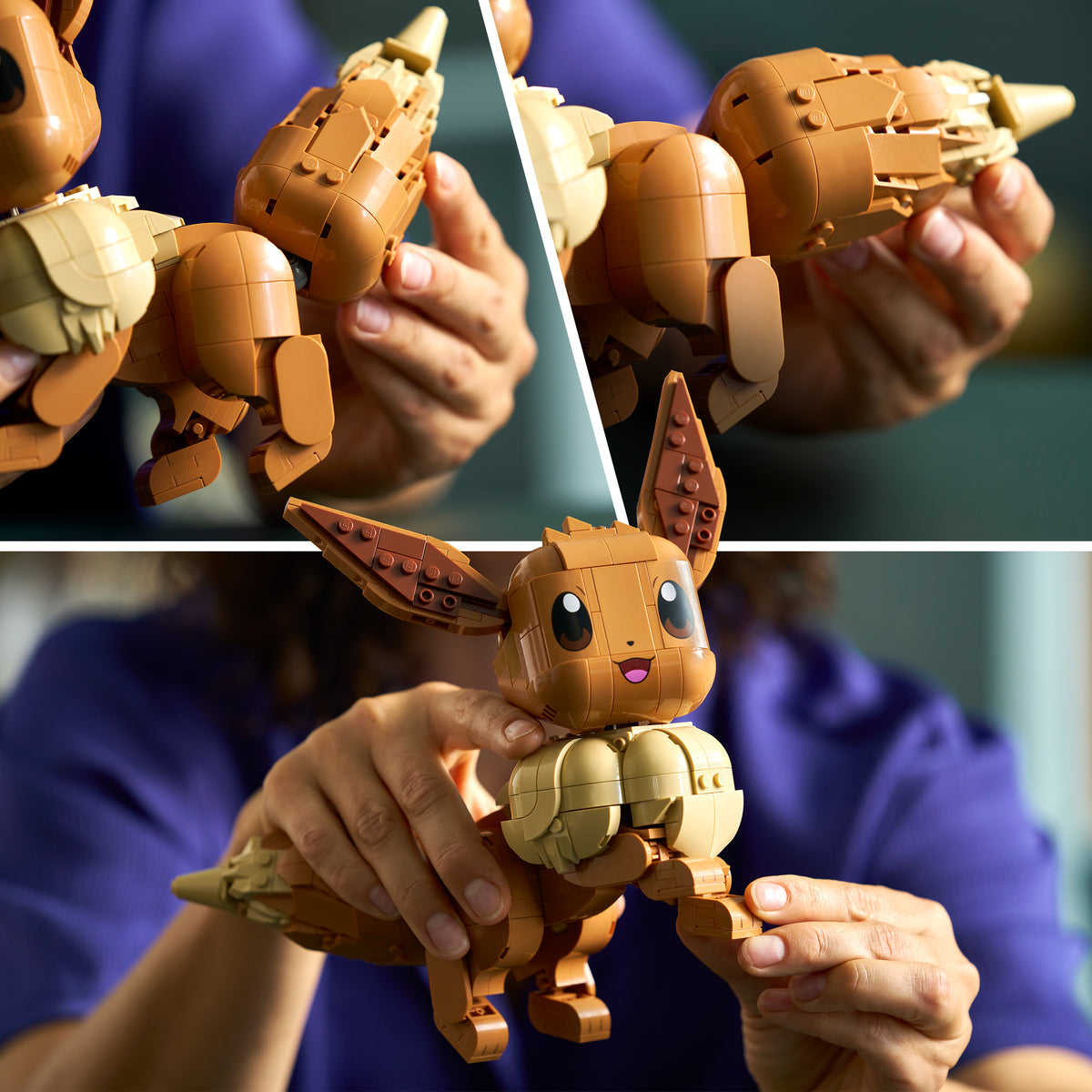 Drei Ansichten einer LEGO Figur von Evoli aus Pokémon, gehalten von einer Person in lila Kleidung, mit detailliertem Kopf, Körper und Schwanz aus LEGO Steinen.